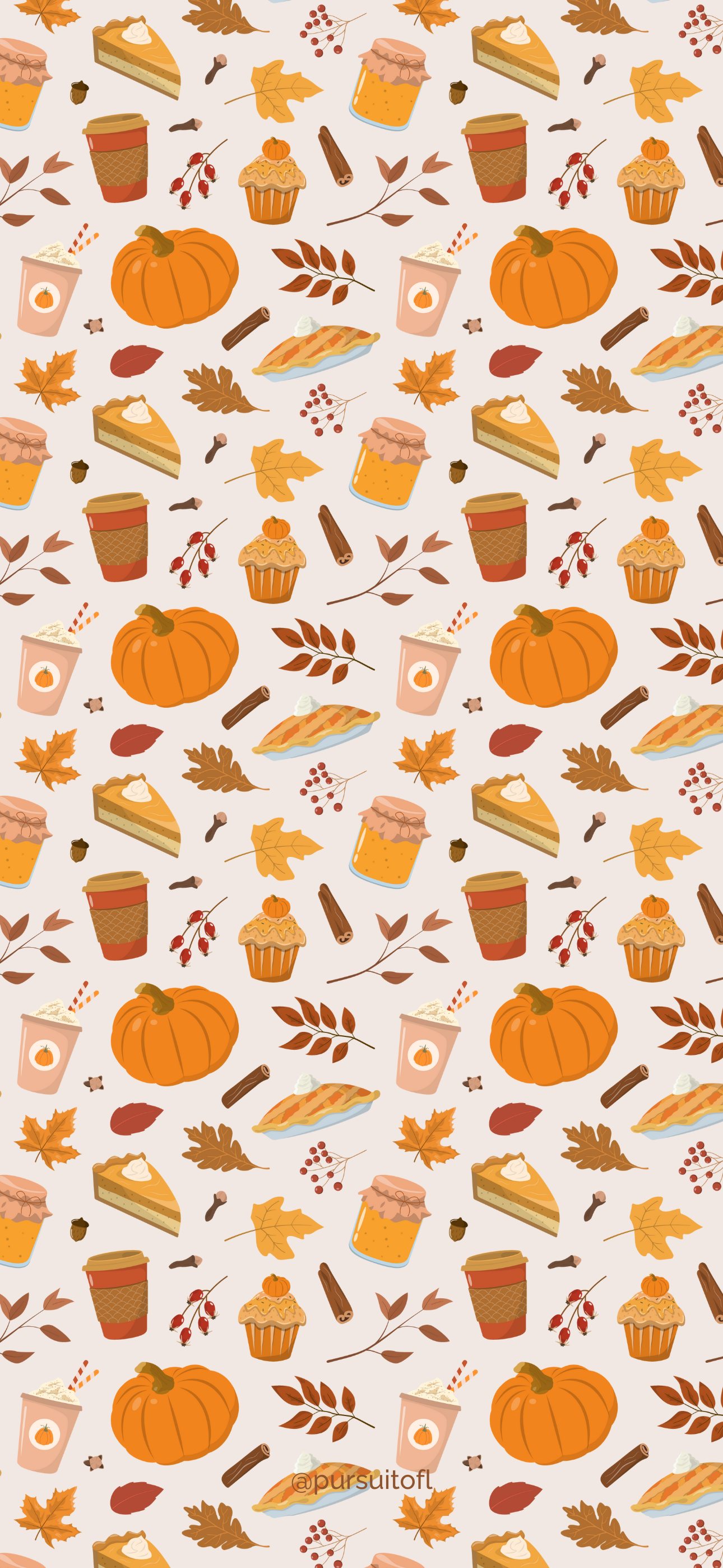 A cozy autumn-themed phone wallpaper featuring illustrations of pumpkins, coffee cups, cinnamon sticks, slices of pie, muffins, and fall leaves, all arranged on a warm, light background.