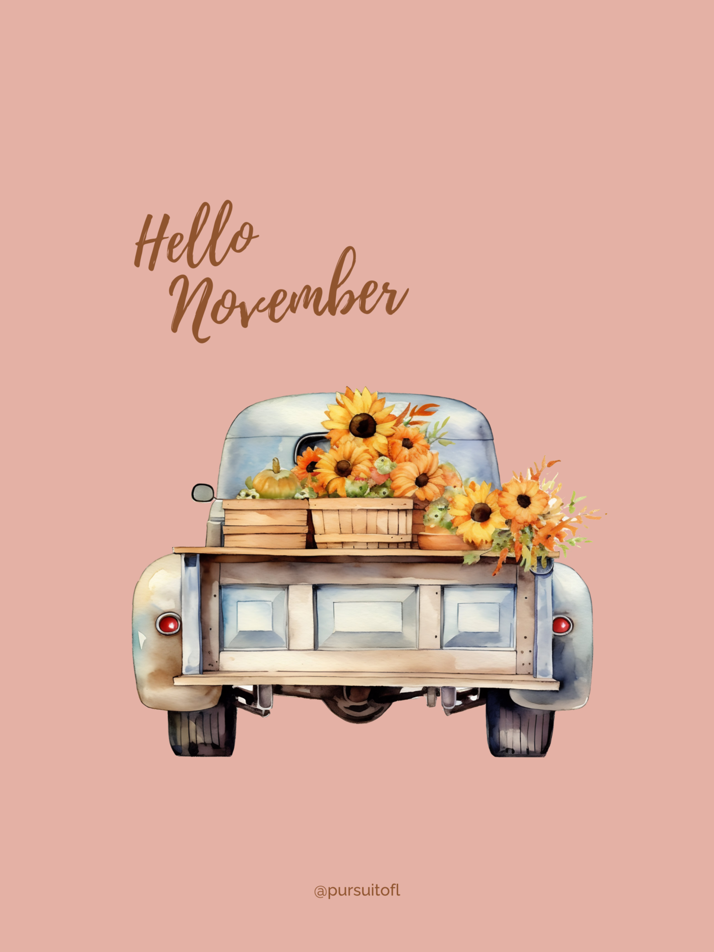 A soft blush pink tablet wallpaper with a vintage blue truck filled with sunflowers and pumpkins in wooden crates, with the words 'Hello November' written in a warm, cursive font above.