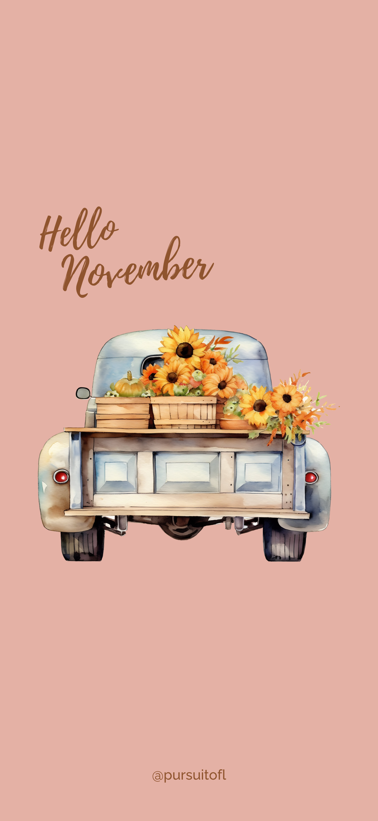 A soft blush pink phone wallpaper with a vintage blue truck filled with sunflowers and pumpkins in wooden crates, with the words 'Hello November' written in a warm, cursive font above.