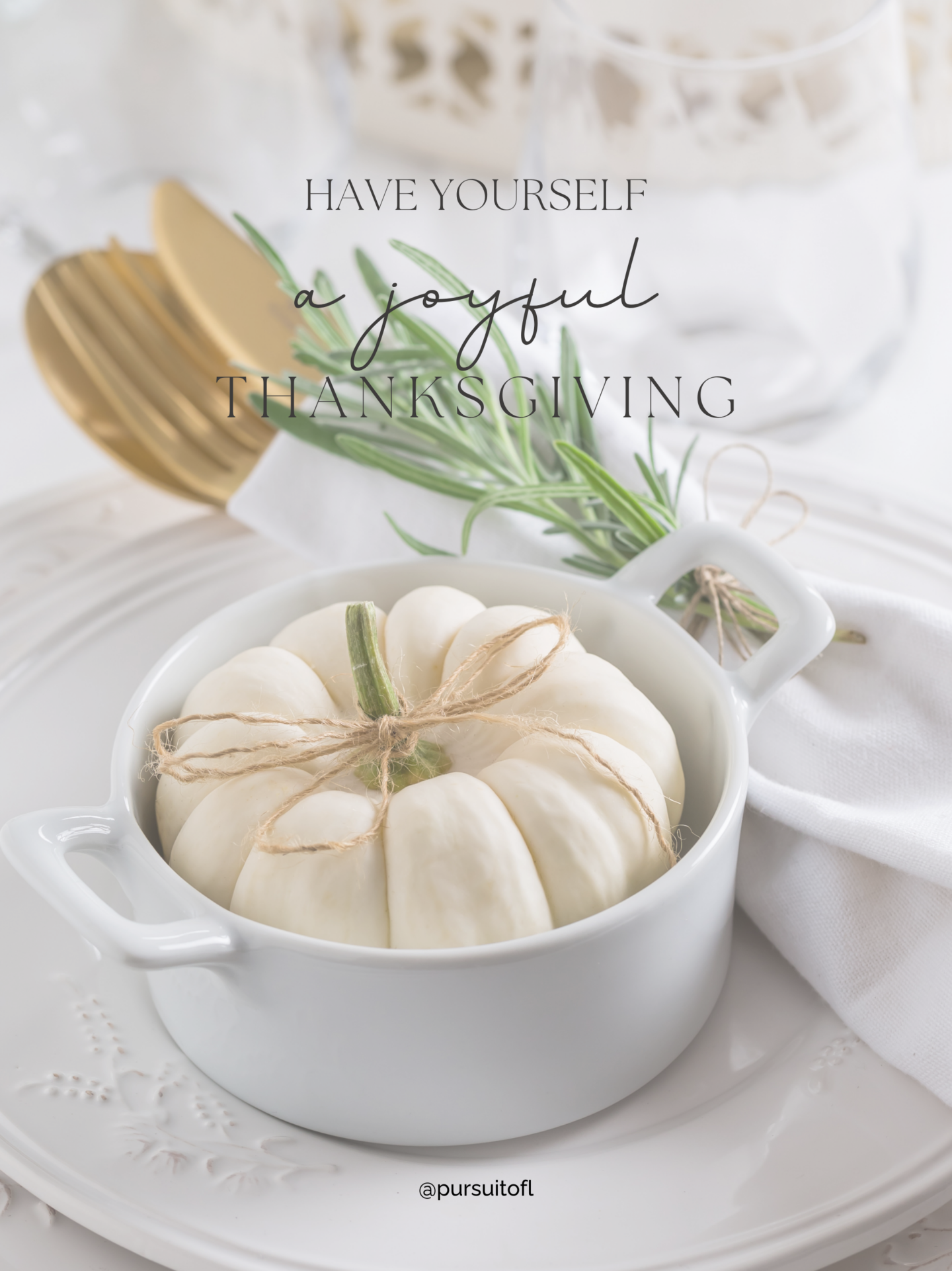 A minimalist tablet wallpaper featuring a white mini pumpkin tied with a twine bow, placed on a neutral plate setting with the message 'Have Yourself a Joyful Thanksgiving' in elegant lettering.