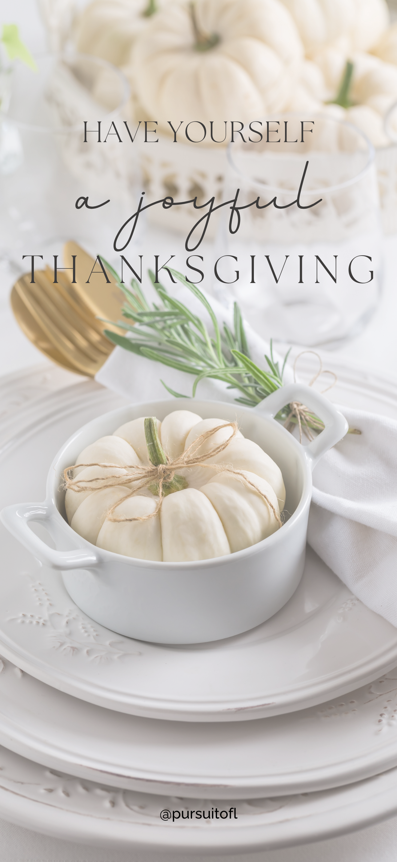 A minimalist phone wallpaper featuring a white mini pumpkin tied with a twine bow, placed on a neutral plate setting with the message 'Have Yourself a Joyful Thanksgiving' in elegant lettering.