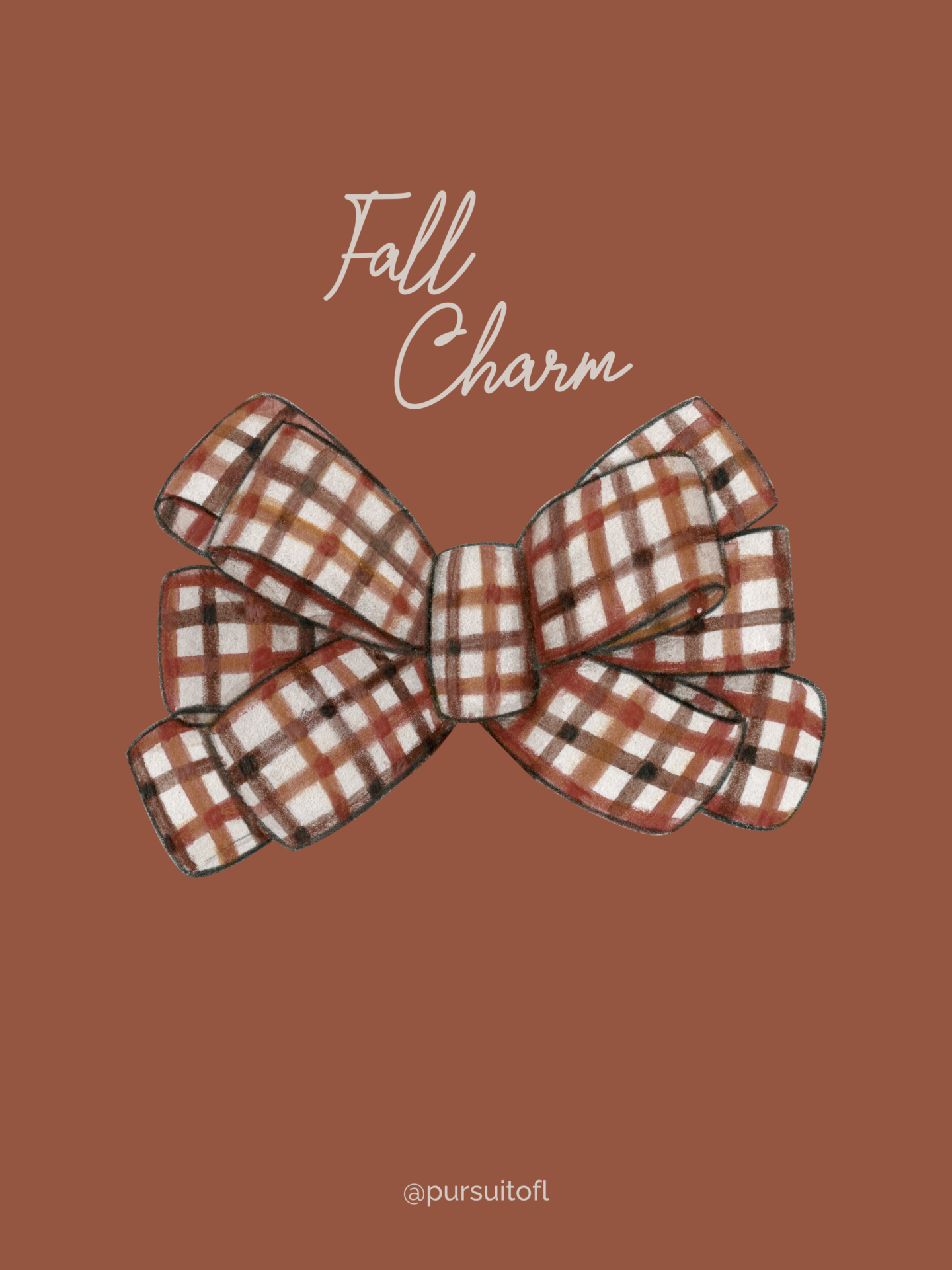A warm brown tablet wallpaper with a large plaid bow in autumn colors, with the words 'Fall Charm' written in a soft, delicate font above.