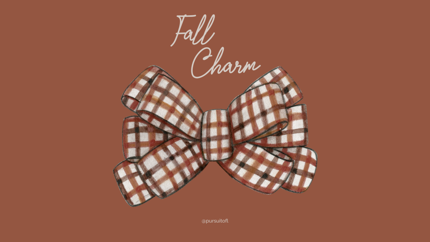A warm brown desktop wallpaper with a large plaid bow in autumn colors, with the words 'Fall Charm' written in a soft, delicate font above.