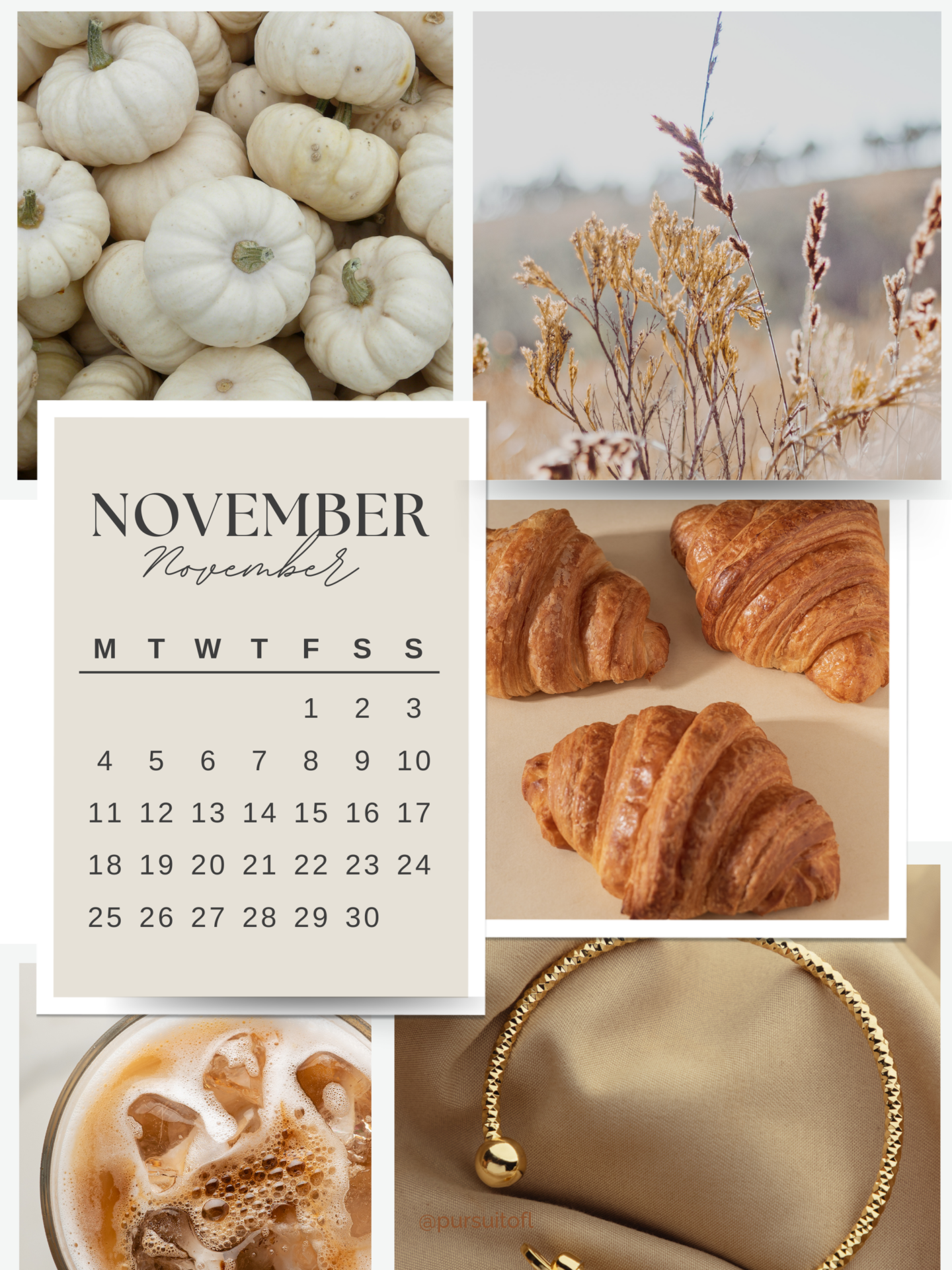 A collage-style tablet wallpaper featuring images of white pumpkins, golden grasses, croissants, a glass of iced coffee, and a gold bracelet, with a November calendar overlay in elegant script and serif fonts.