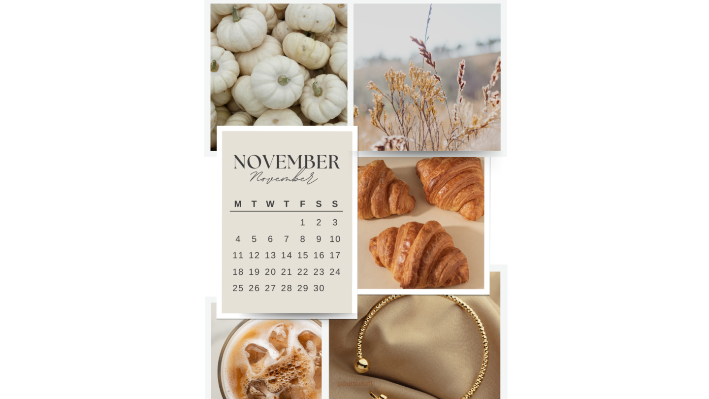 A collage-style desktop wallpaper featuring images of white pumpkins, golden grasses, croissants, a glass of iced coffee, and a gold bracelet, with a November calendar overlay in elegant script and serif fonts.