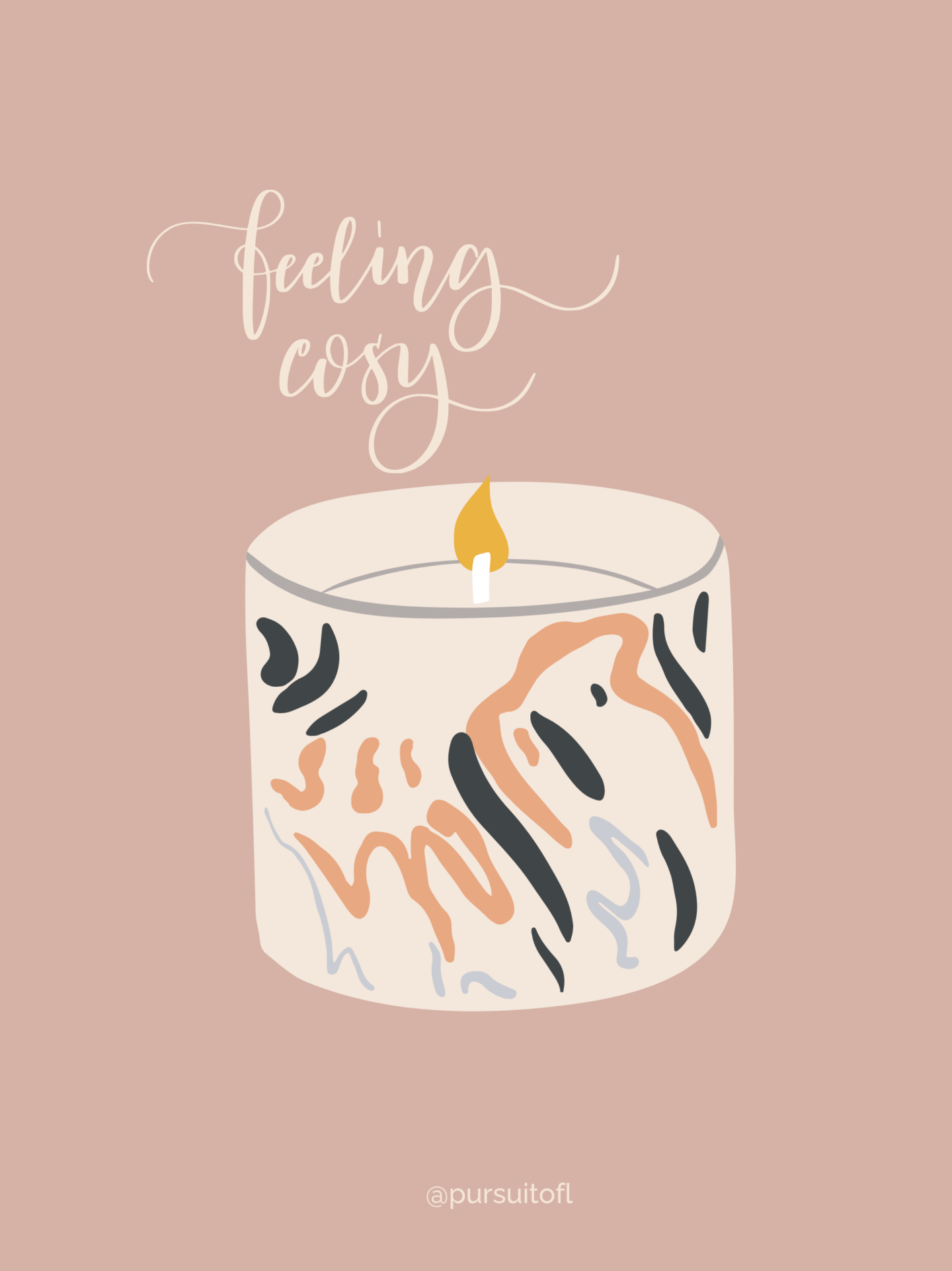 A blush pink tablet wallpaper with an illustration of a lit candle in a white and black marbled holder, with the words 'Feeling Cozy' written in a flowing, script font above.