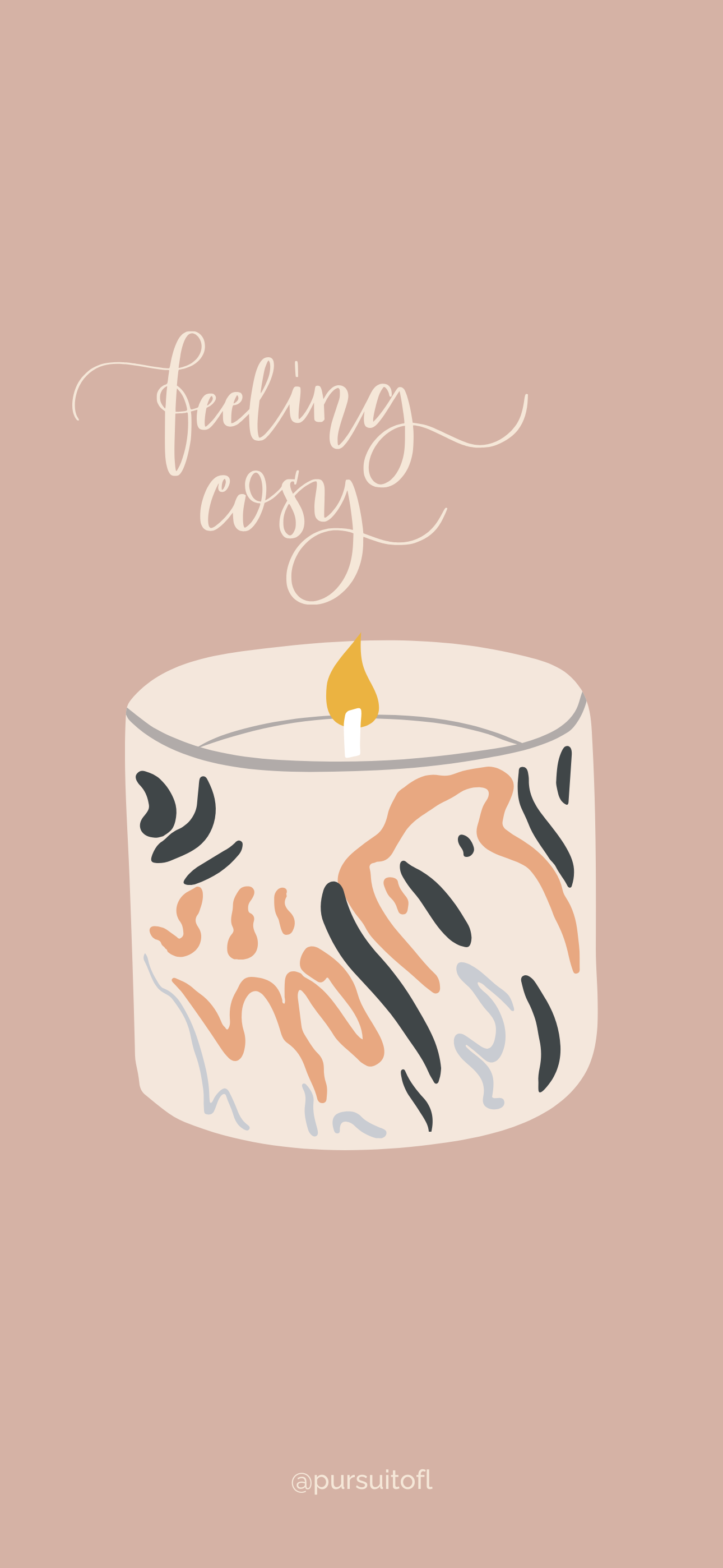 A blush pink phone wallpaper with an illustration of a lit candle in a white and black marbled holder, with the words 'Feeling Cozy' written in a flowing, script font above.
