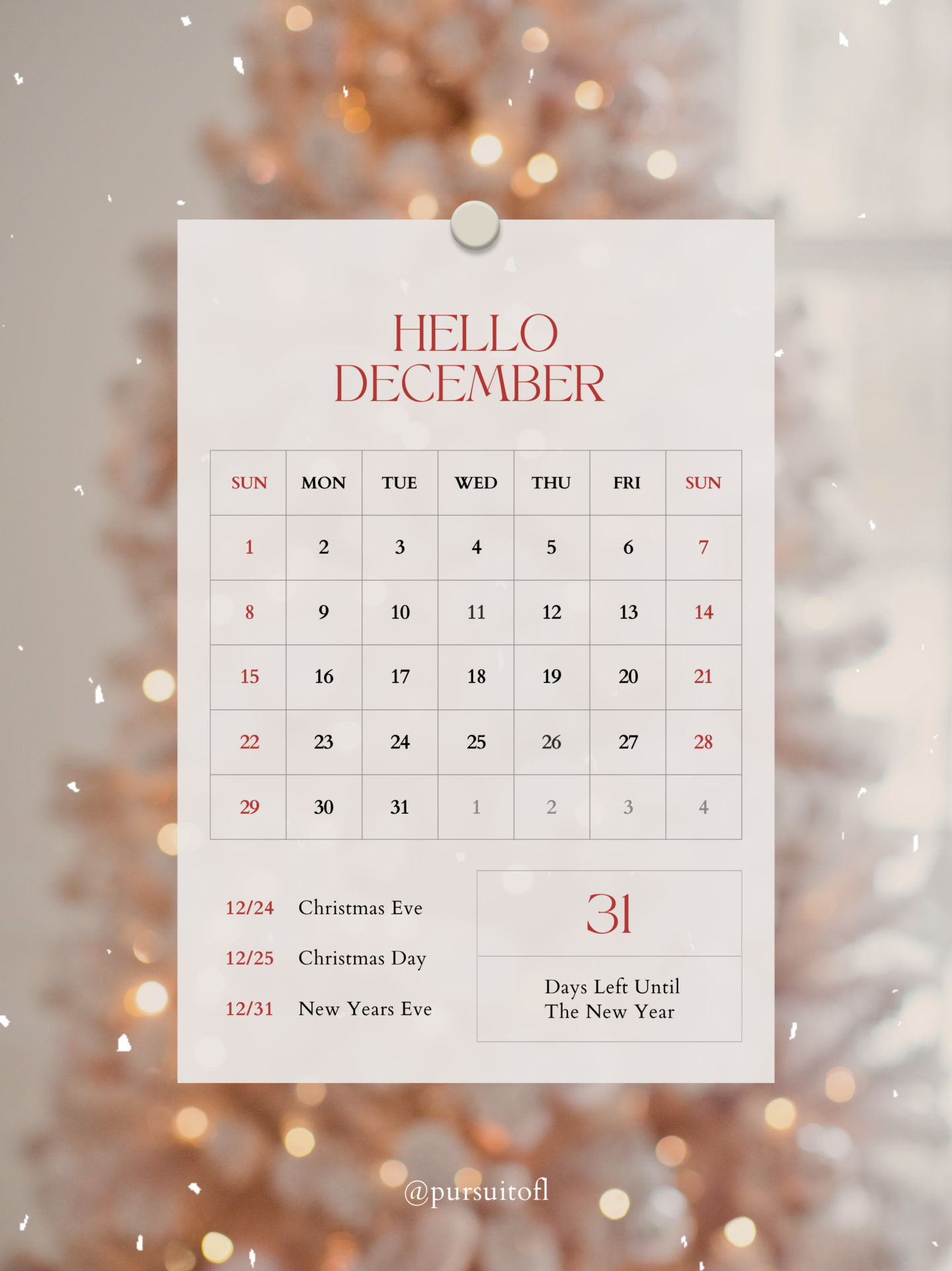 Minimalist December calendar tablet wallpaper with soft holiday lights in the background, featuring key holiday dates.