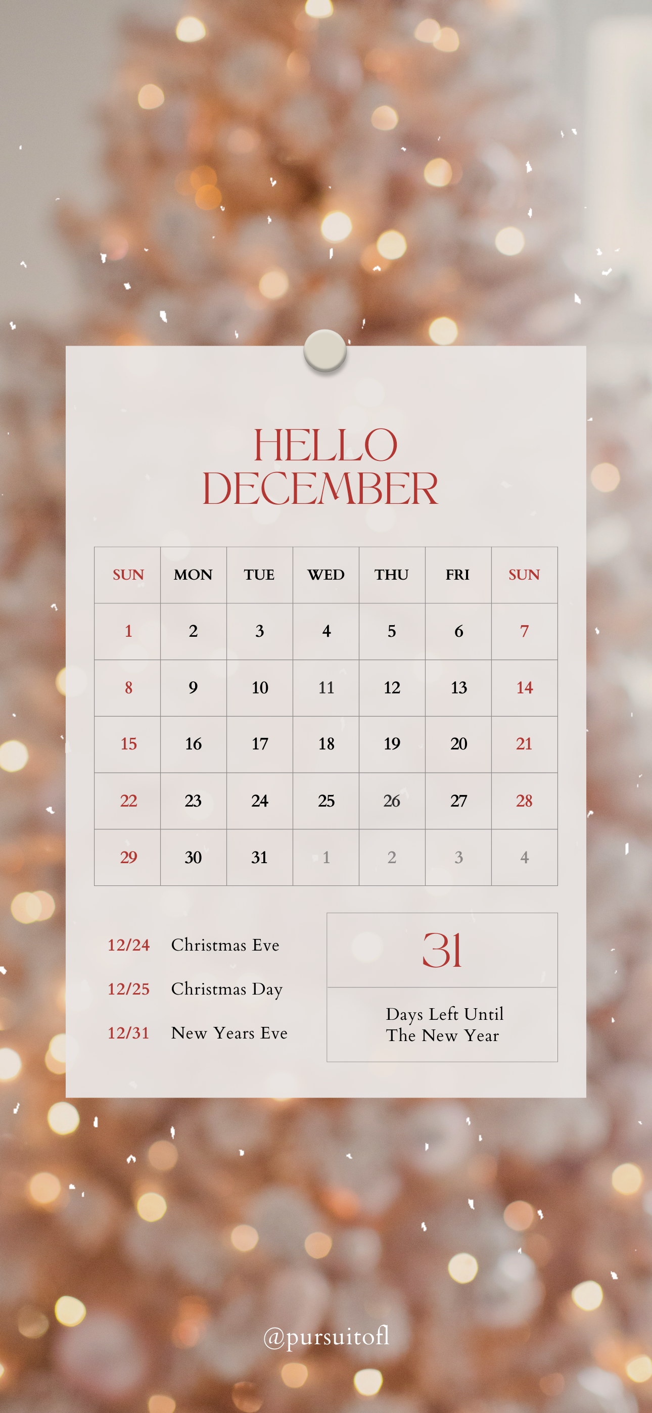 Minimalist December calendar phone wallpaper with soft holiday lights in the background, featuring key holiday dates.