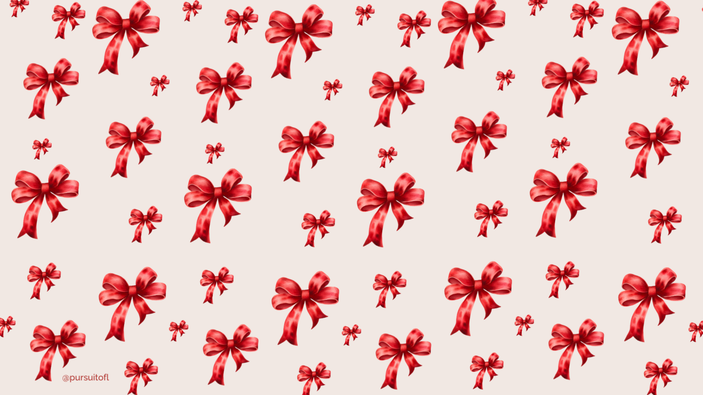 Elegant red bow pattern on a light background, creating a festive and chic holiday-themed desktop wallpaper.