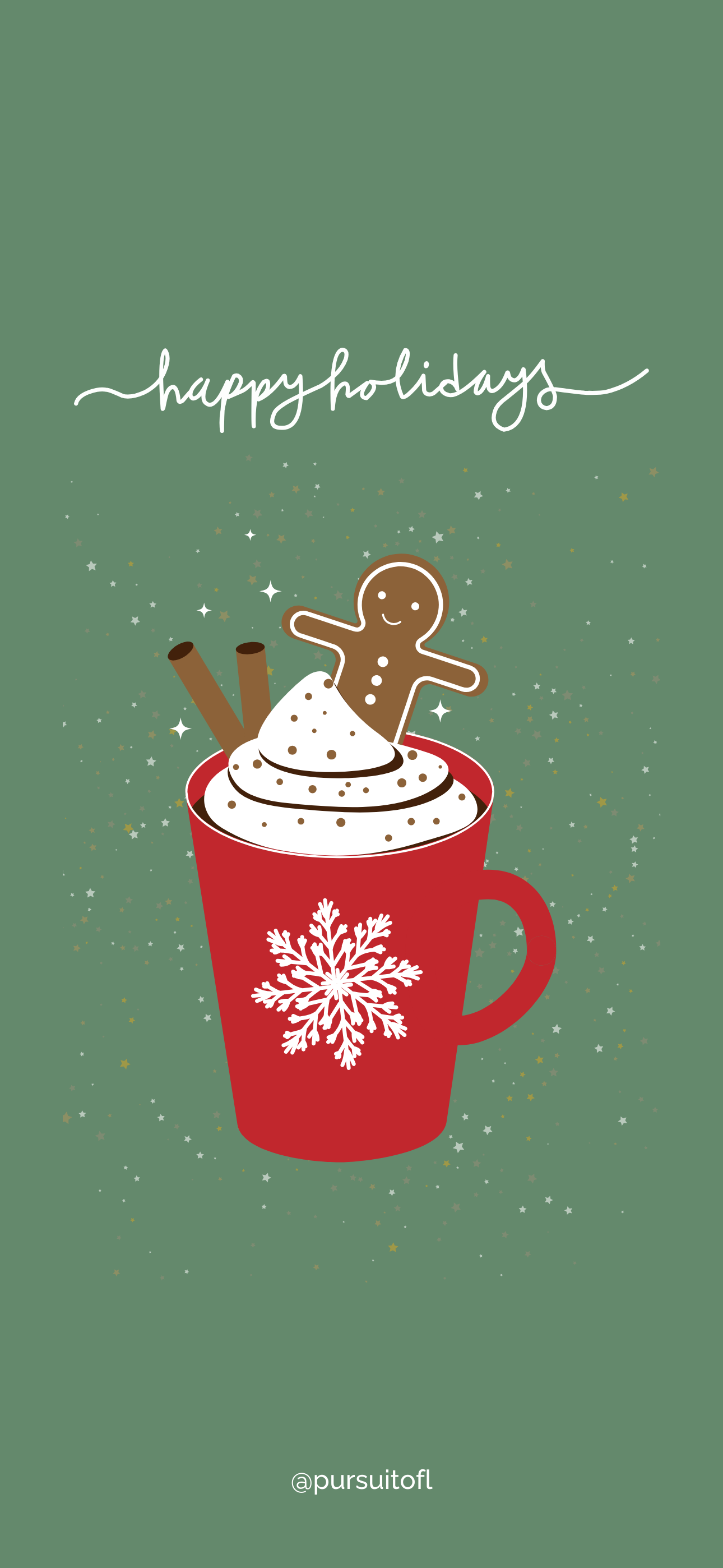 Holiday mug of hot cocoa topped with whipped cream, a gingerbread cookie, and cinnamon sticks on a green festive phone background.