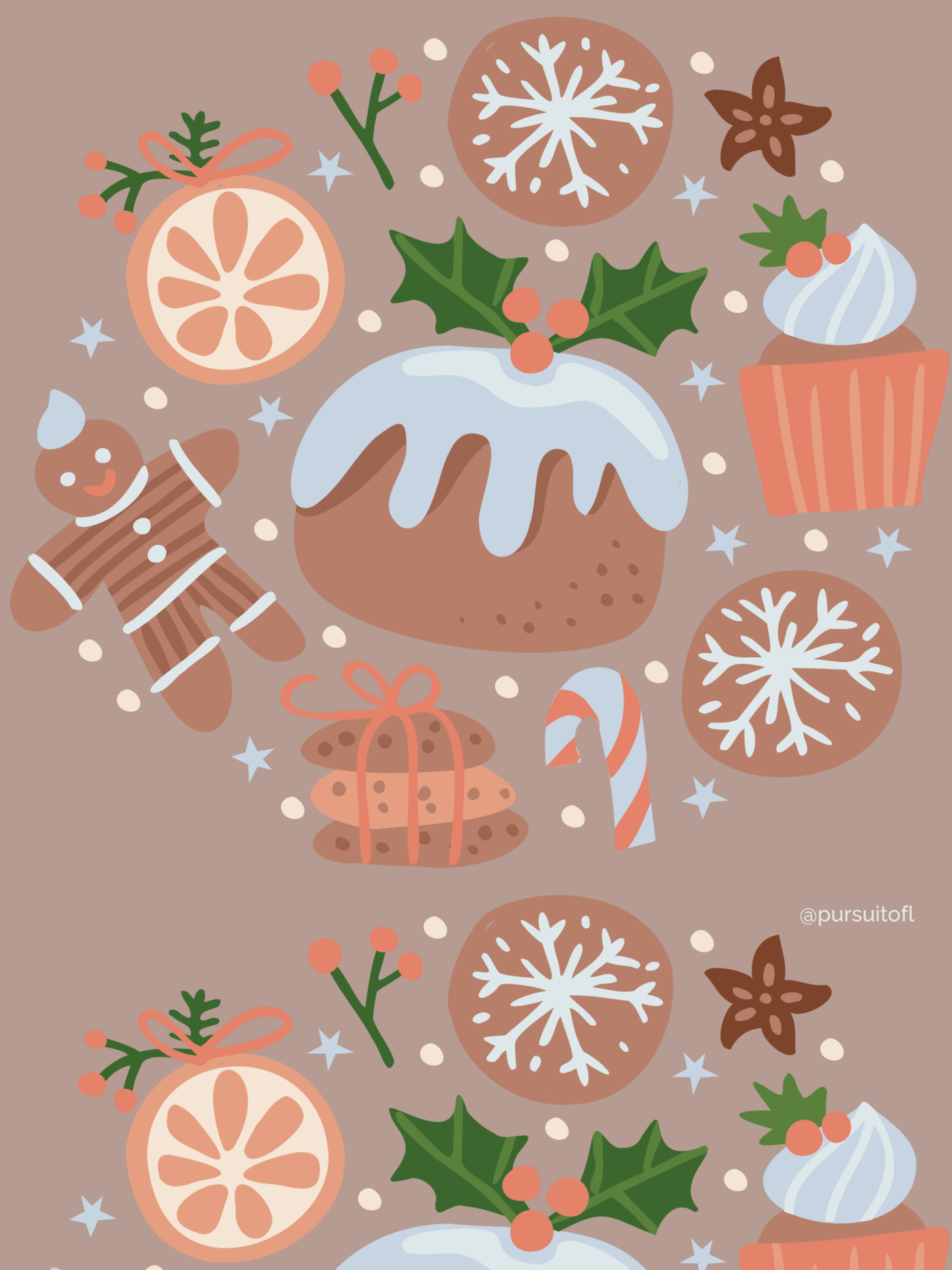 Playful pattern of gingerbread cookies, holly, cupcakes, and candy canes on a neutral tablet background, perfect for cozy holiday vibes.