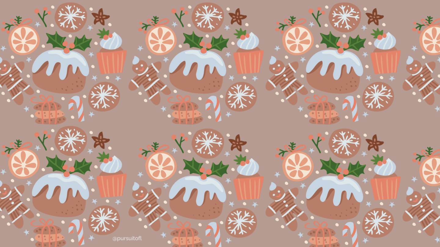 Playful pattern of gingerbread cookies, holly, cupcakes, and candy canes on a neutral desktop background, perfect for cozy holiday vibes.
