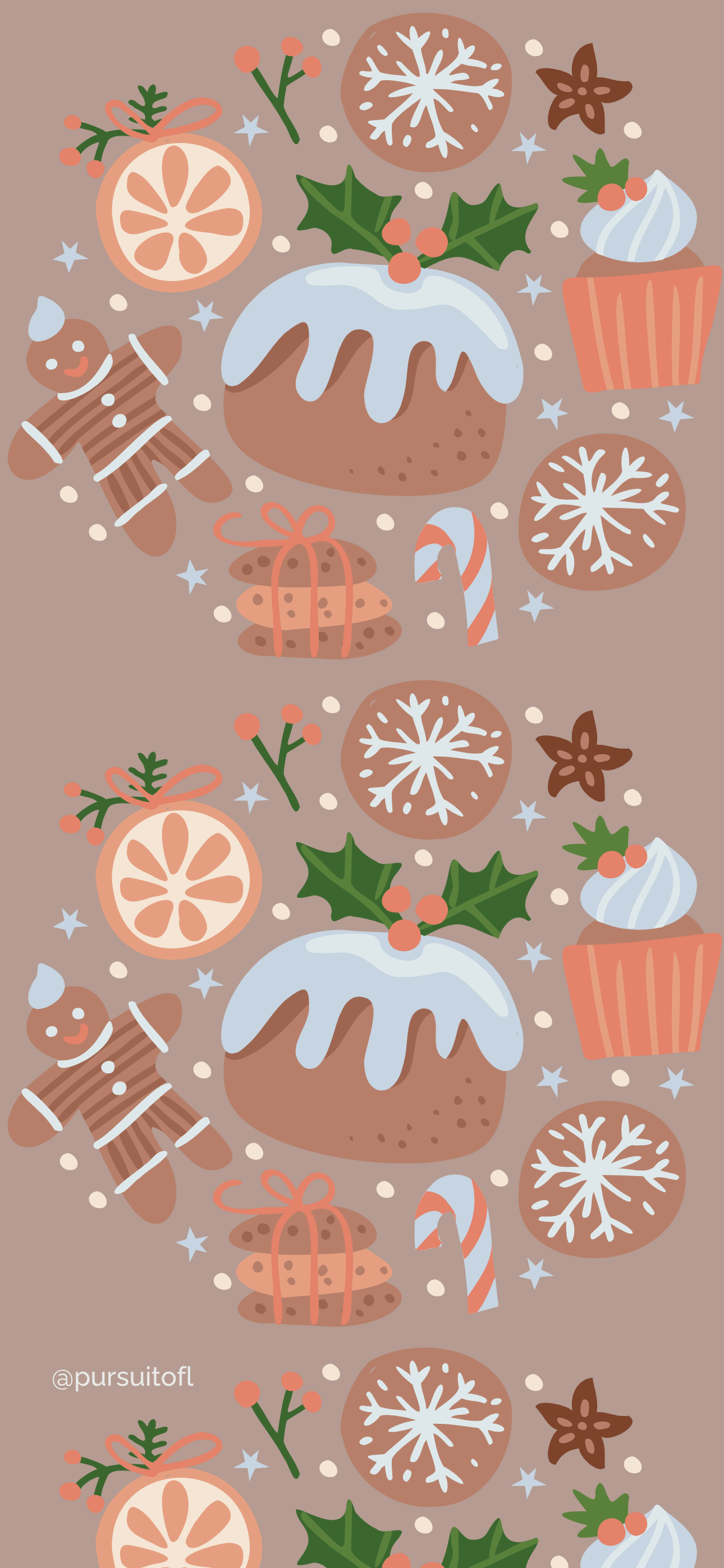 Playful pattern of gingerbread cookies, holly, cupcakes, and candy canes on a neutral phone background, perfect for cozy holiday vibes.