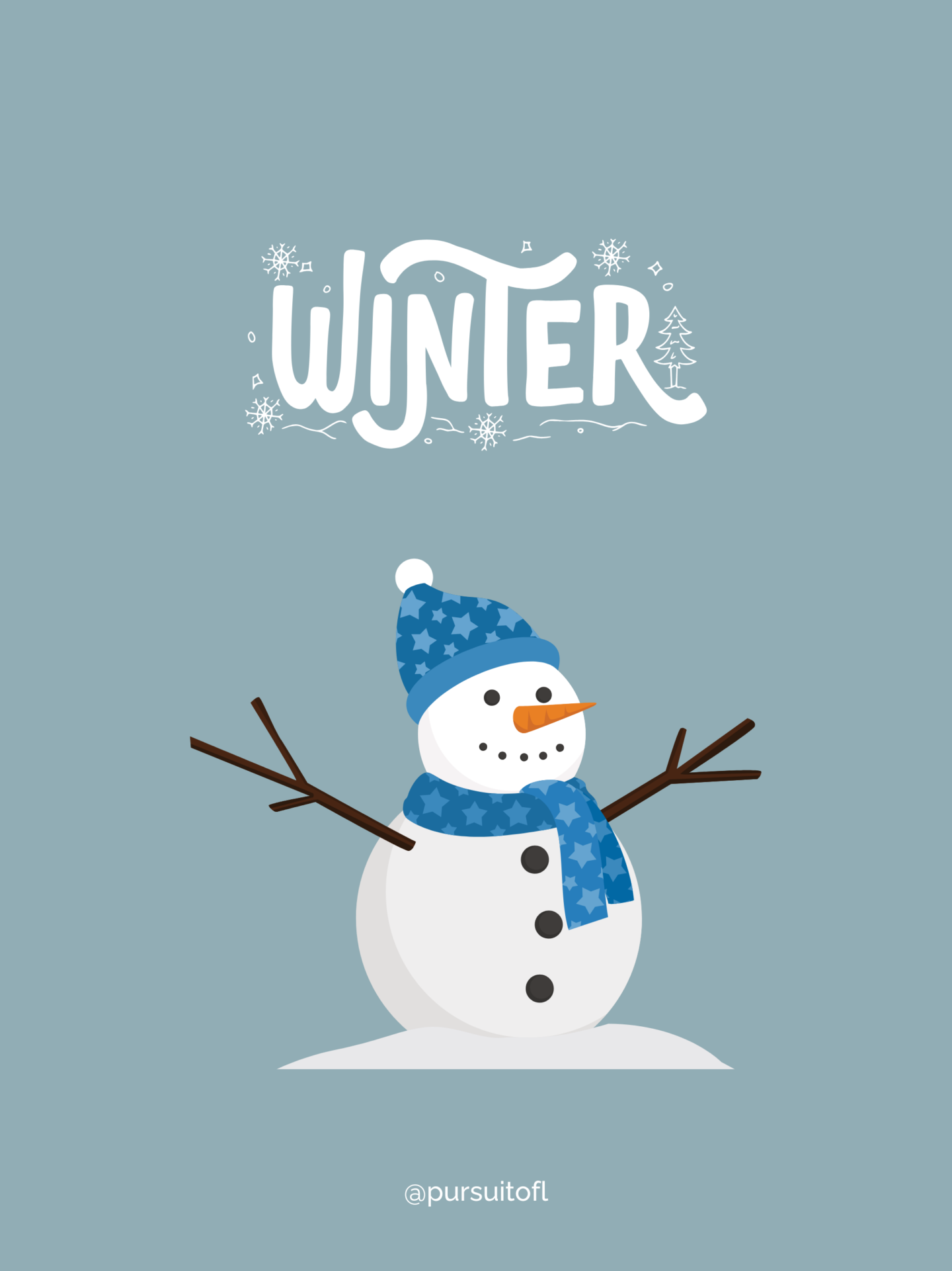 Cute snowman wearing a blue hat and scarf on a soft blue tablet background with the word 'Winter' in festive typography.