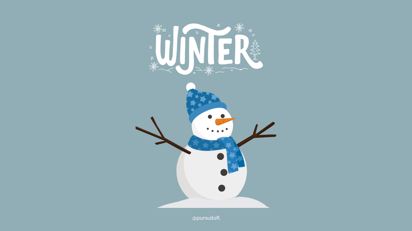 Cute snowman wearing a blue hat and scarf on a soft blue desktop background with the word 'Winter' in festive typography.