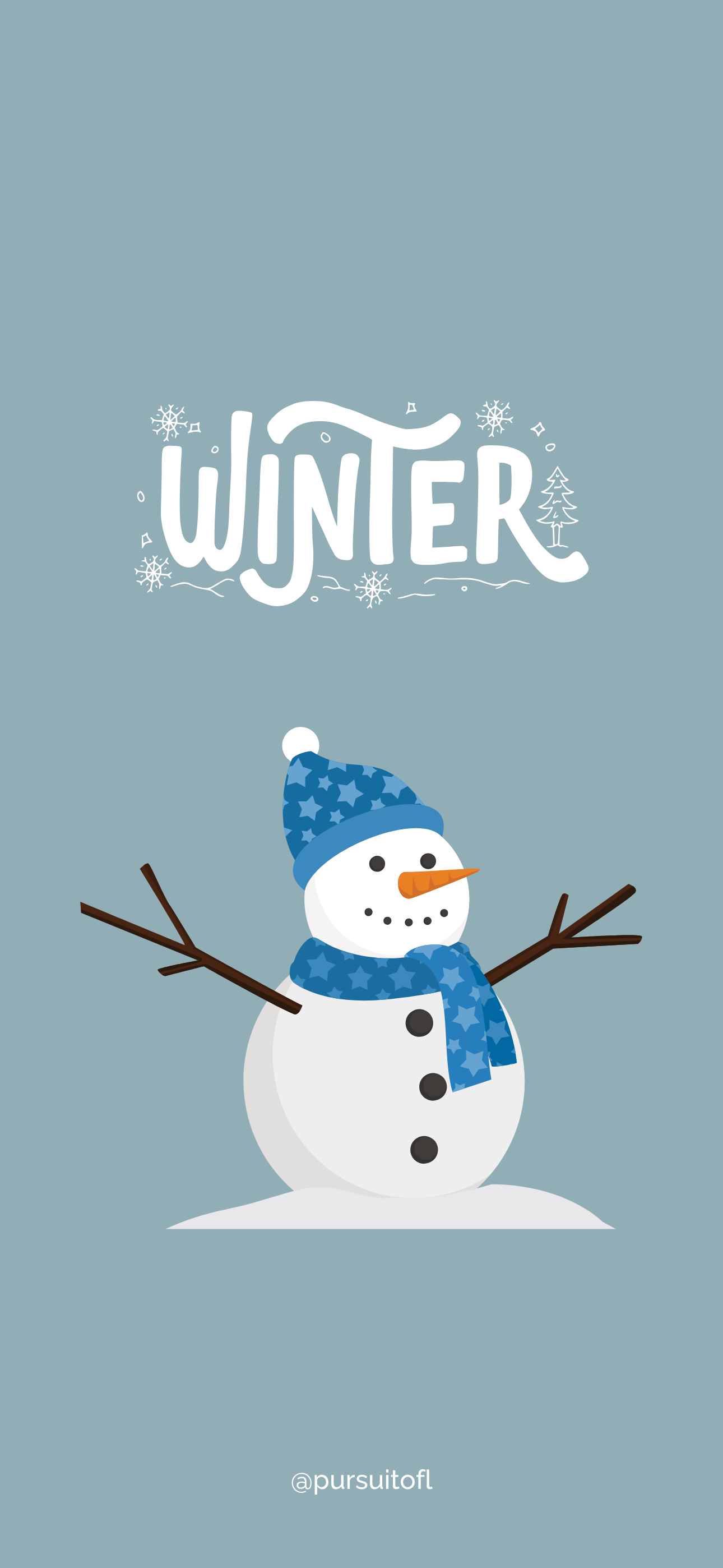 Cute snowman wearing a blue hat and scarf on a soft blue phone background with the word 'Winter' in festive typography.