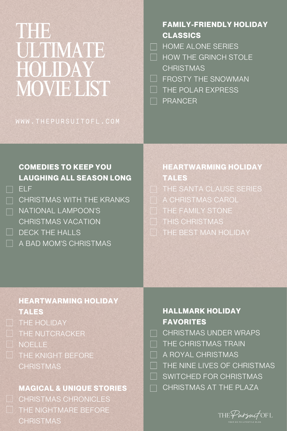 A visually appealing holiday movie checklist graphic with a beige and green color palette. The title at the top reads "The Ultimate Holiday Movie List" in large, bold text, along with the website URL "www.thepursuitofl.com." The graphic is divided into six sections with headings in bold: "Family-Friendly Holiday Classics," "Comedies to Keep You Laughing All Season Long," "Heartwarming Holiday Tales," "Romantic Favorites," "Magical & Unique Stories," and "Hallmark Holiday Favorites." Each section lists movies with checkboxes for tracking, including titles like Home Alone Series, Elf, The Holiday, and Christmas Under Wraps.
