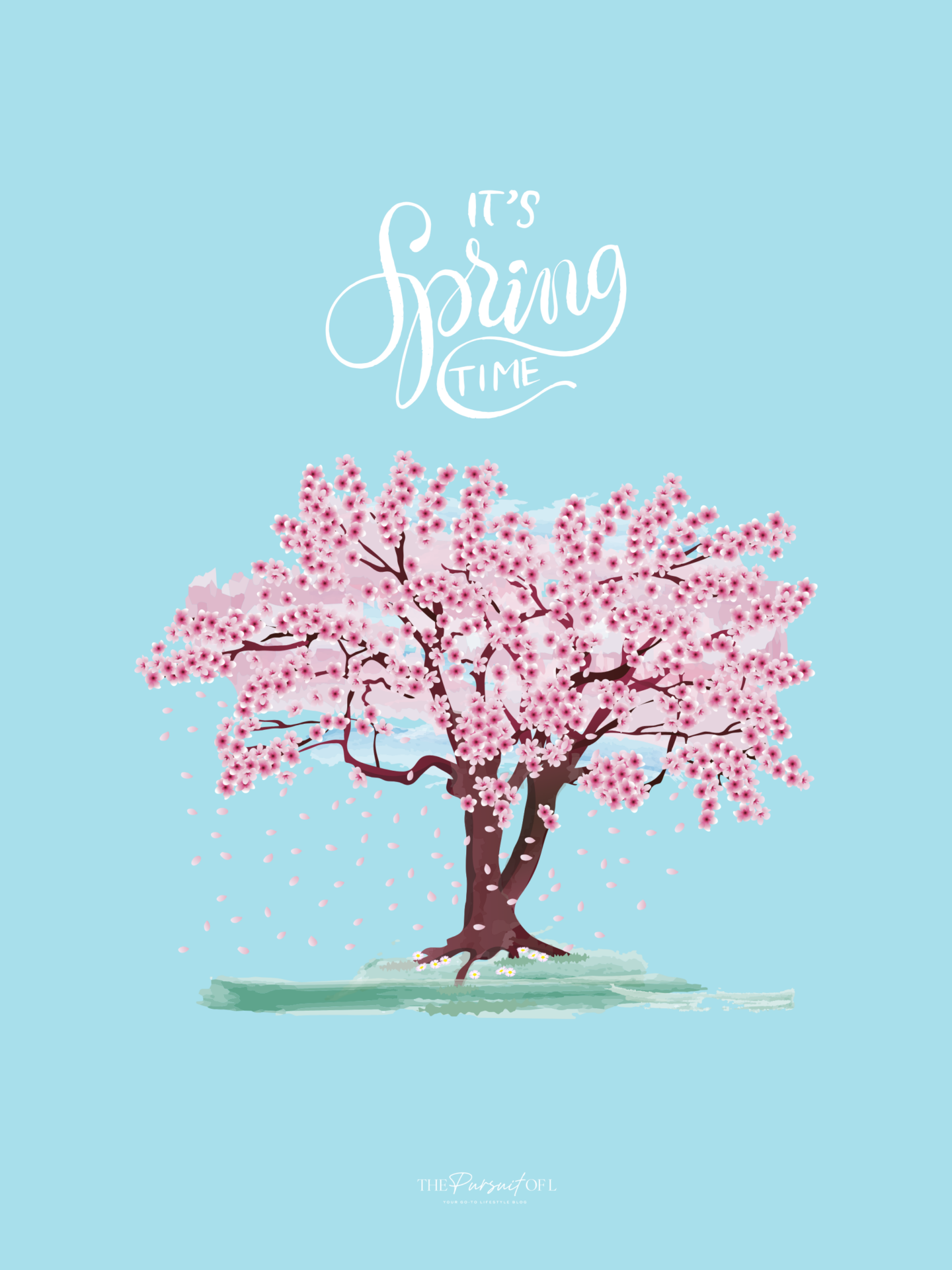 Spring cherry blossom digital wallpaper with soft pink flowers on a blue background, featuring hand-lettered text that says 'It’s Spring Time' — perfect spring aesthetic tablet wallpaper.