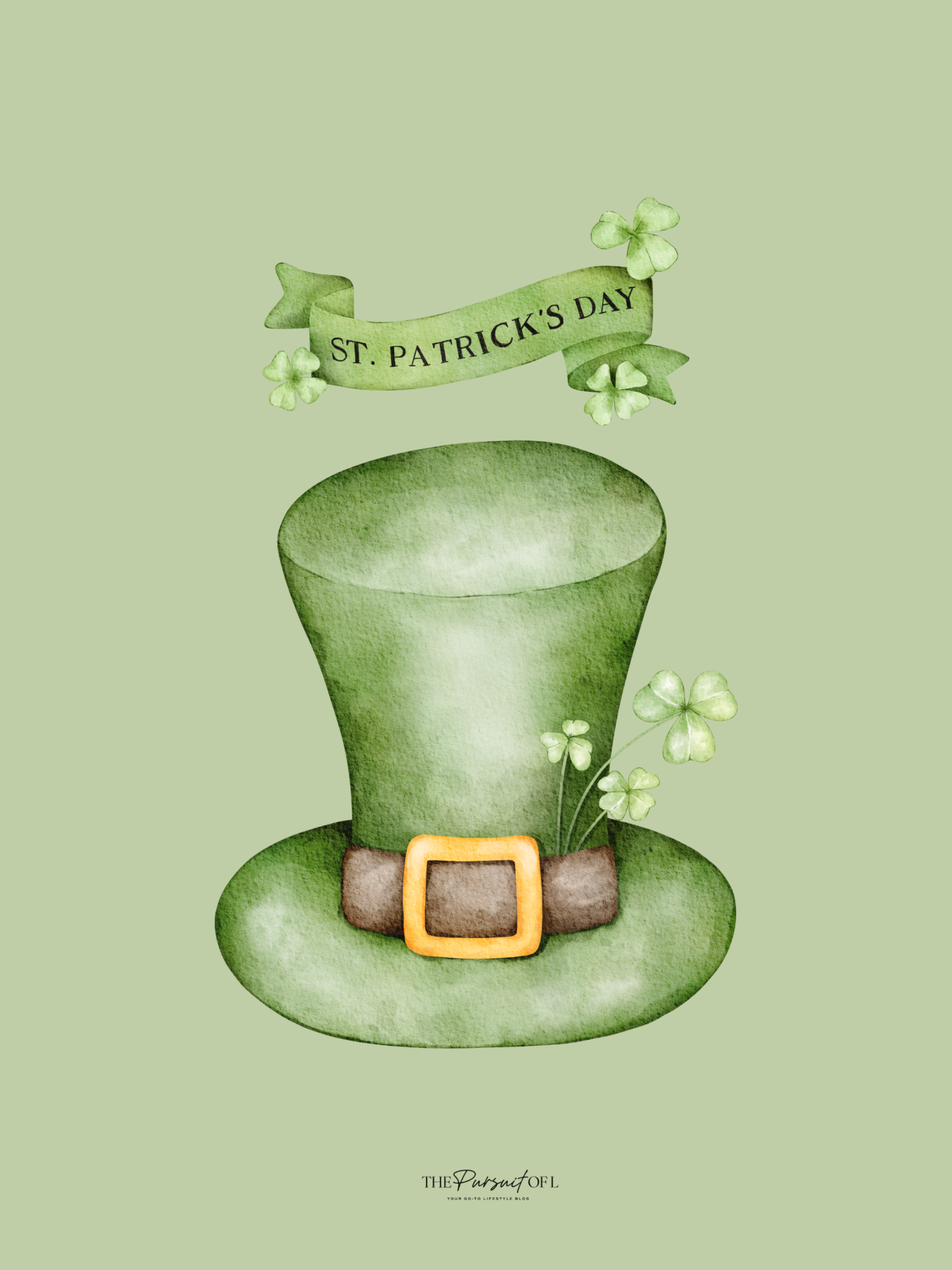 St. Patrick’s Day themed digital wallpaper with a watercolor green leprechaun hat, clovers, and banner — festive March tablet wallpaper for spring celebrations.