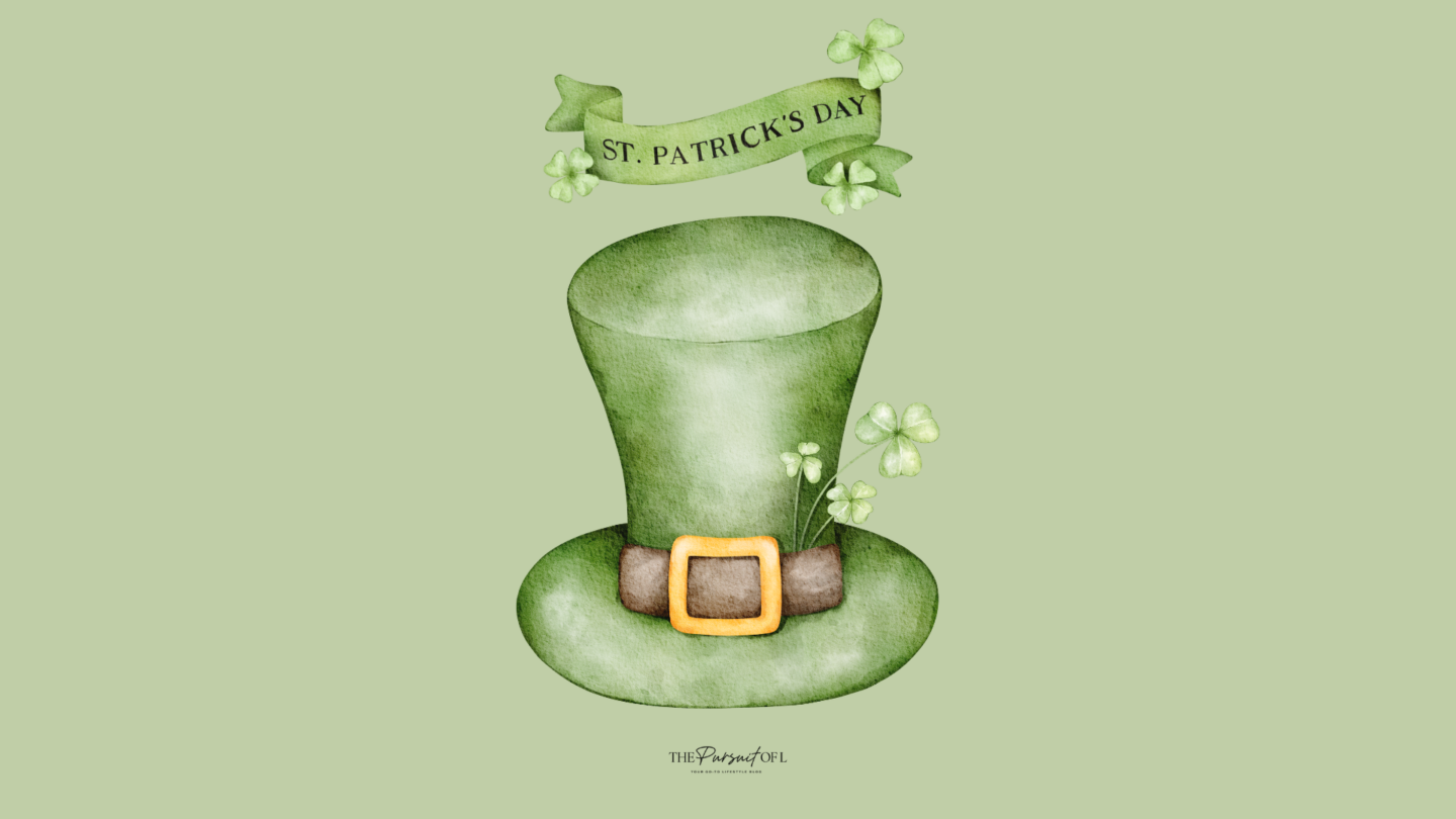 St. Patrick’s Day themed digital wallpaper with a watercolor green leprechaun hat, clovers, and banner — festive March desktop wallpaper for spring celebrations.