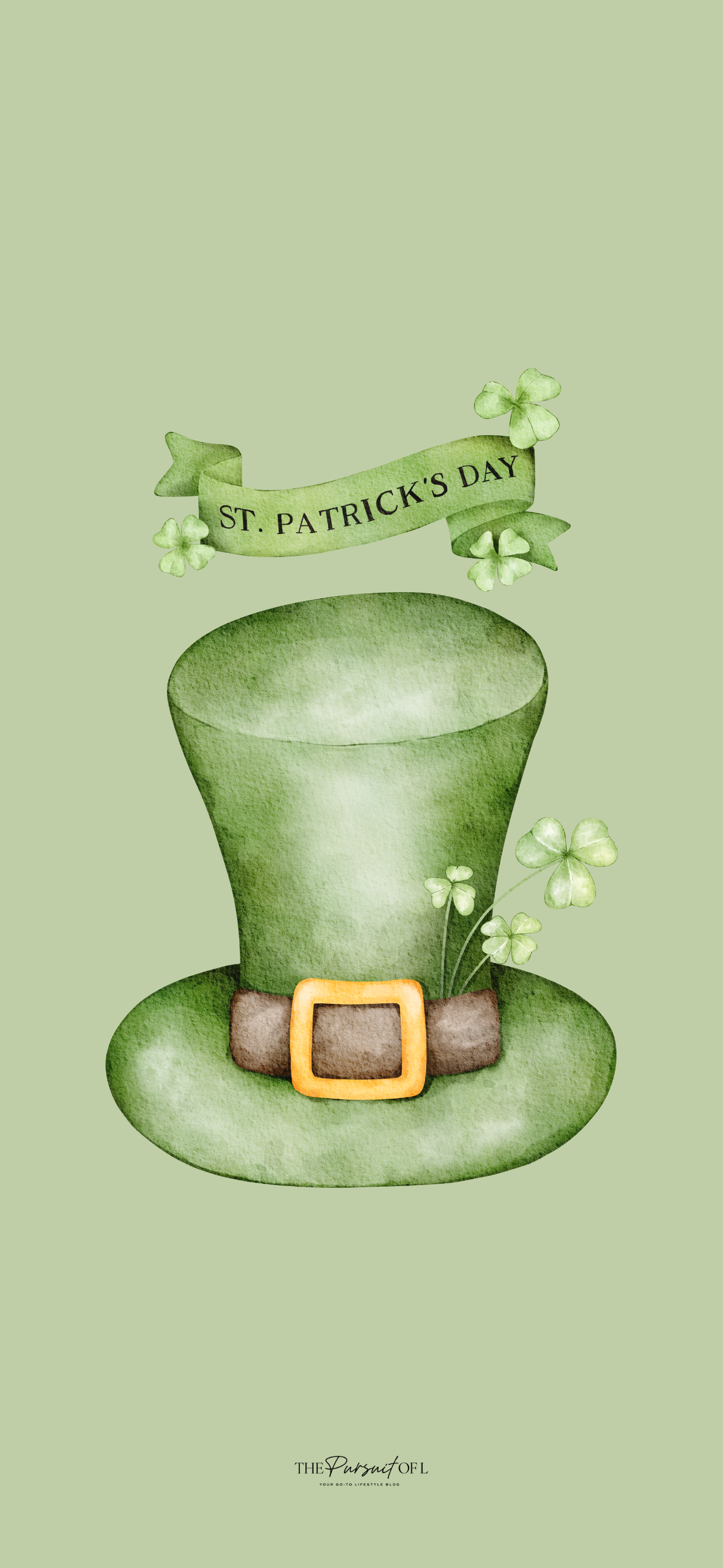 St. Patrick’s Day themed digital wallpaper with a watercolor green leprechaun hat, clovers, and banner — festive March phone wallpaper for spring celebrations.