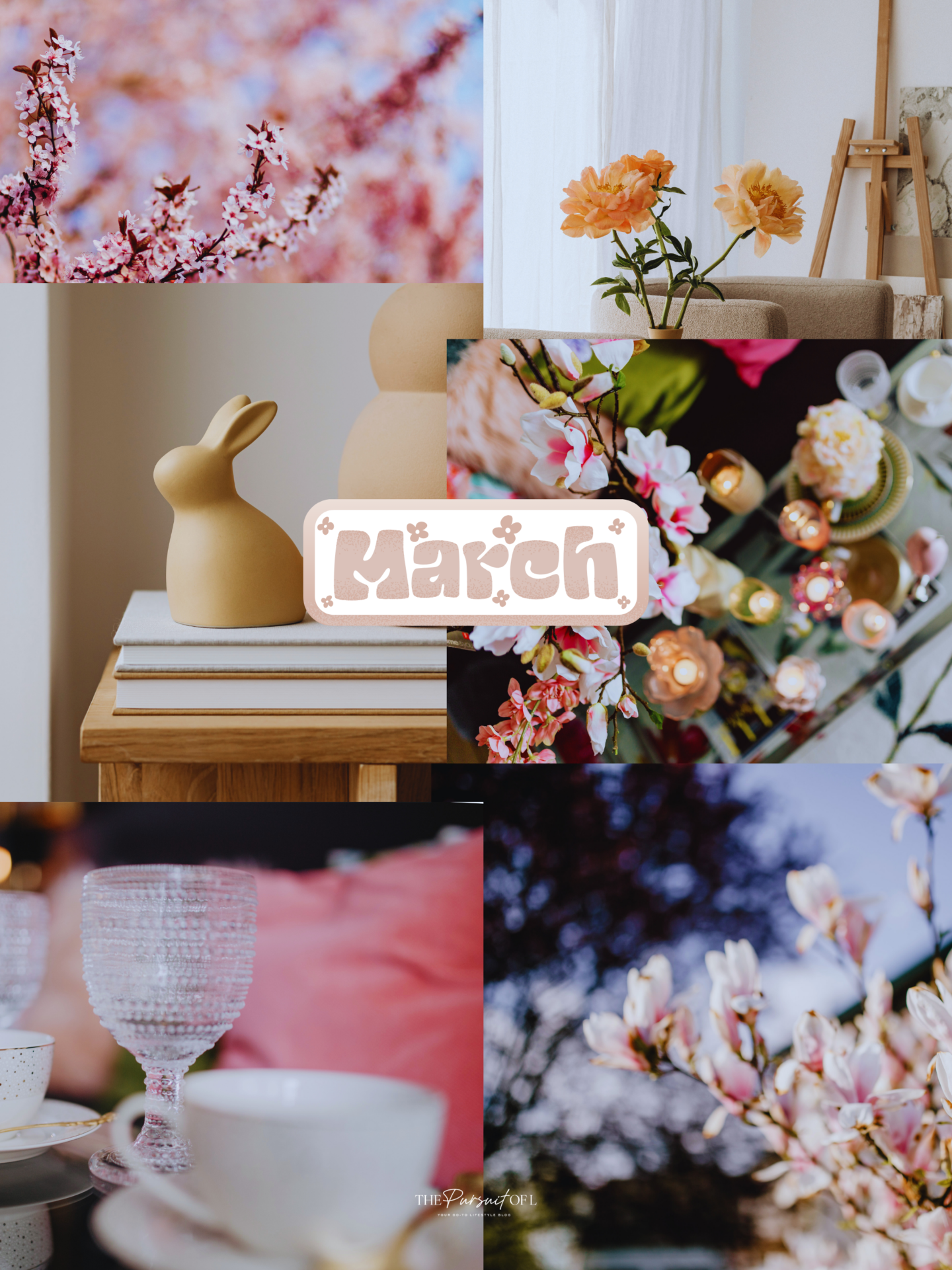March aesthetic collage wallpaper featuring spring flowers, cozy home decor, a neutral bunny figurine, and a soft 'March' graphic — cozy spring vibe moodboard tablet wallpaper.