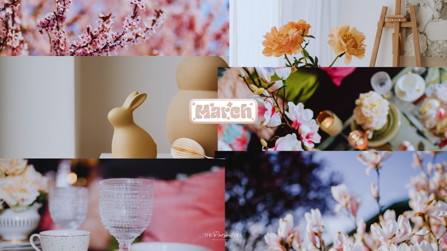 March aesthetic collage wallpaper featuring spring flowers, cozy home decor, a neutral bunny figurine, and a soft 'March' graphic — cozy spring vibe moodboard desktop wallpaper.