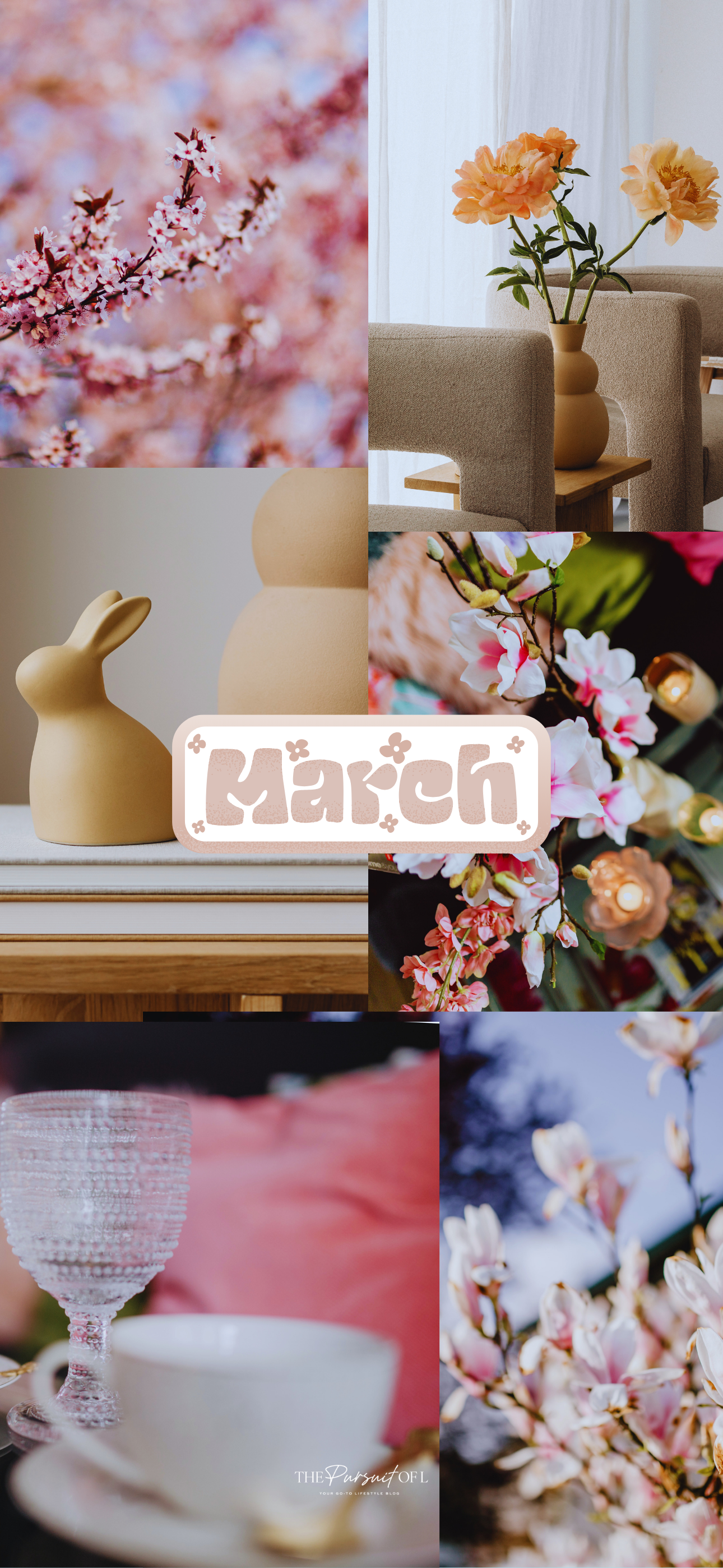 March aesthetic collage wallpaper featuring spring flowers, cozy home decor, a neutral bunny figurine, and a soft 'March' graphic — cozy spring vibe moodboard phone wallpaper.