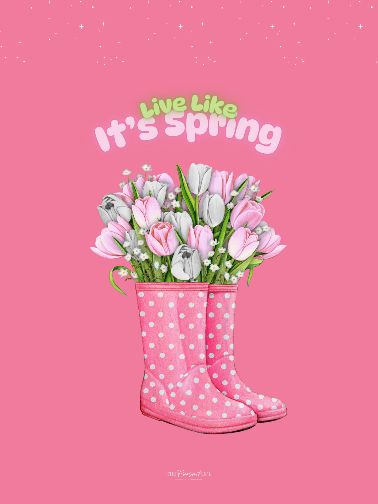 Spring digital wallpaper with pink polka dot rain boots filled with tulips and playful text 'Live Like It’s Spring' — bright and cheerful spring floral tablet wallpaper.
