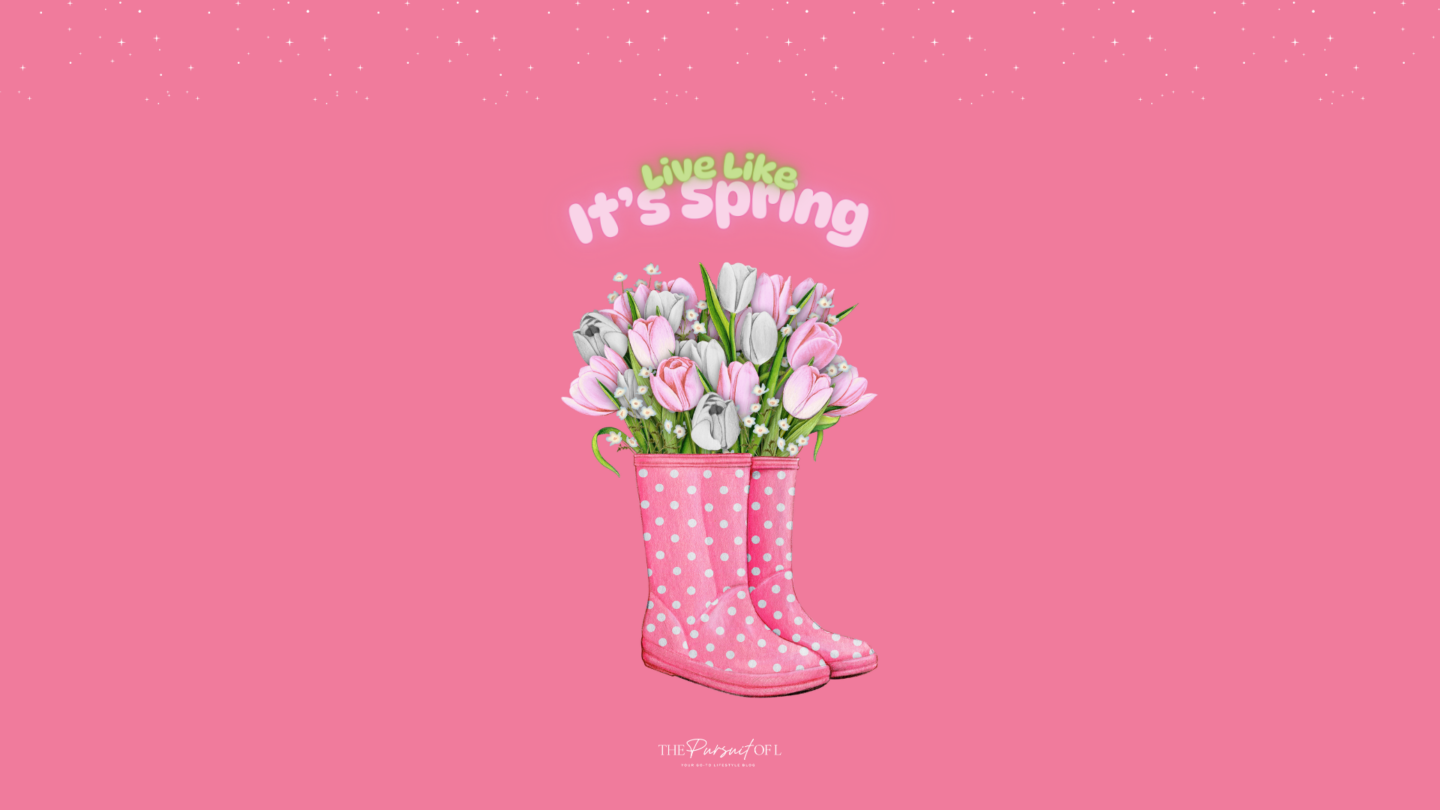 Spring digital wallpaper with pink polka dot rain boots filled with tulips and playful text 'Live Like It’s Spring' — bright and cheerful spring floral desktop wallpaper.