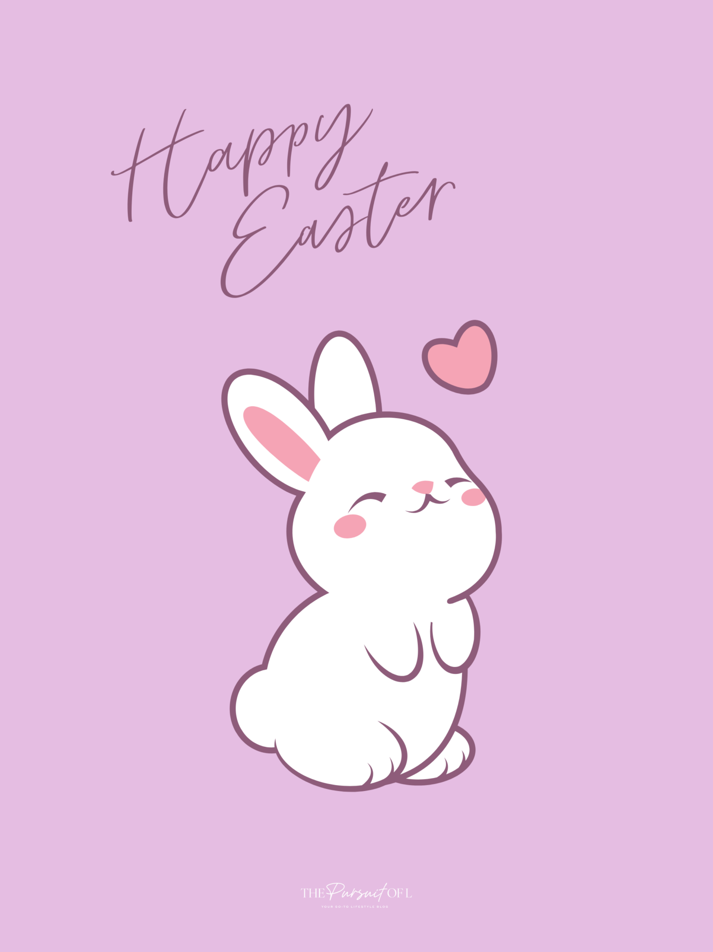 Cute Happy Easter tablet wallpaper featuring white bunny illustration with heart detail on a soft lavender background — aesthetic spring and Easter digital download.