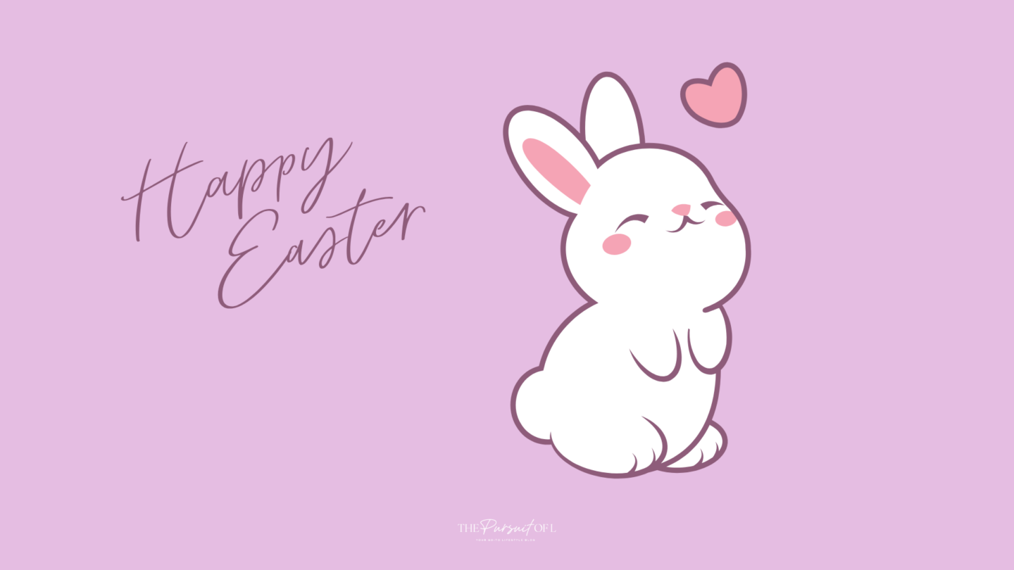 Cute Happy Easter desktop wallpaper featuring white bunny illustration with heart detail on a soft lavender background — aesthetic spring and Easter digital download.