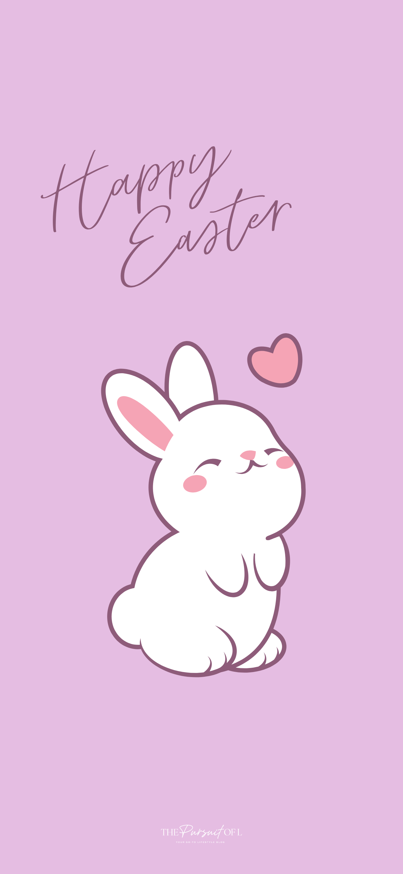 Cute Happy Easter phone wallpaper featuring white bunny illustration with heart detail on a soft lavender background, aesthetic spring and Easter digital download.