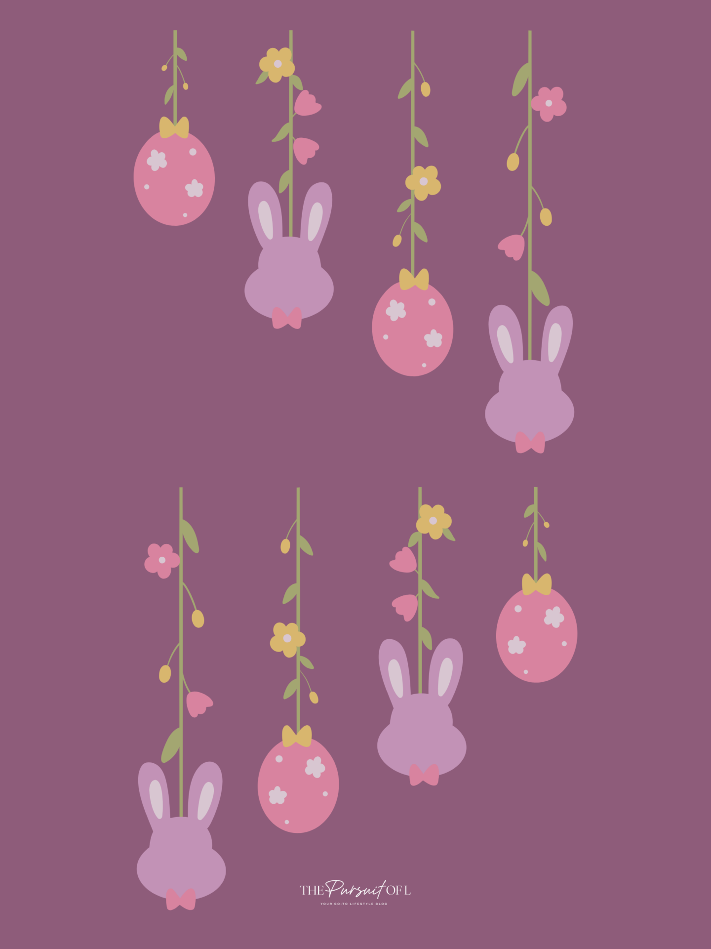 Easter-themed spring tablet wallpaper with bunny and egg ornaments hanging from floral vines on a mauve background — festive aesthetic for digital devices.