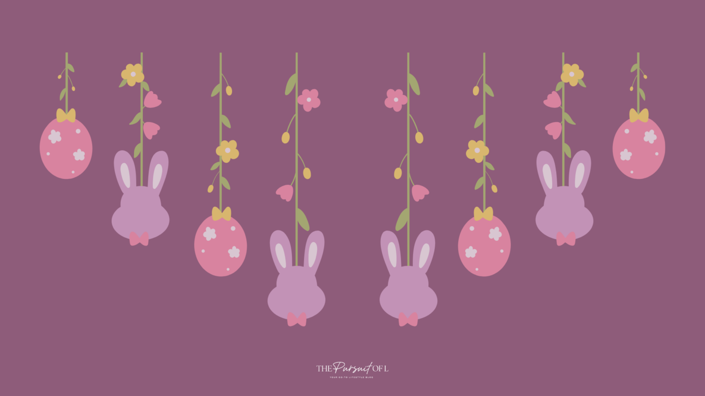 Easter-themed spring desktop wallpaper with bunny and egg ornaments hanging from floral vines on a mauve background — festive aesthetic for digital devices.