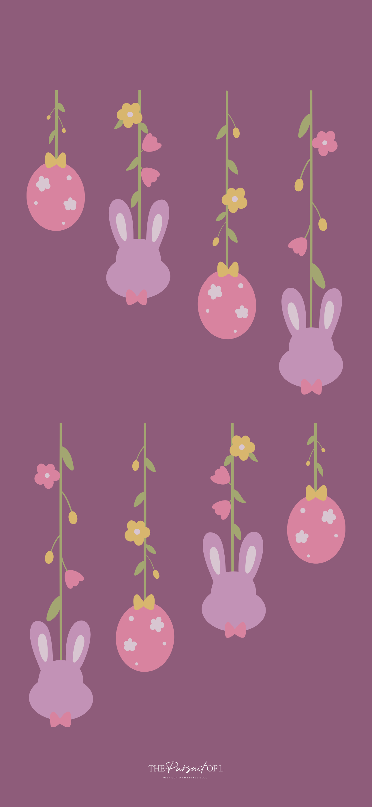 Easter-themed spring phone wallpaper with bunny and egg ornaments hanging from floral vines on a mauve background — festive aesthetic for digital devices.