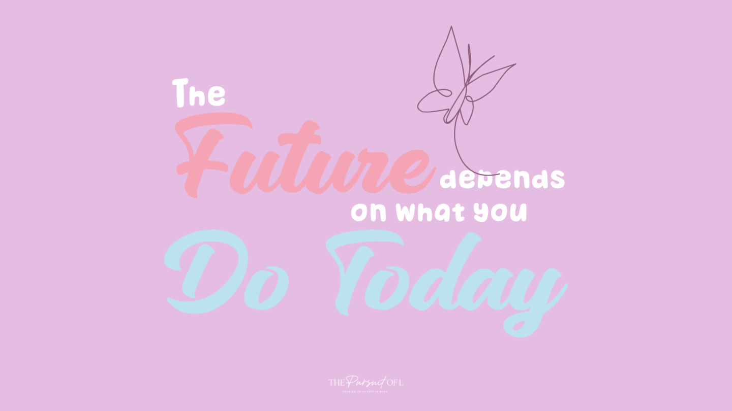 Minimal pastel inspirational quote desktop wallpaper for April — ‘The Future Depends on What You Do Today’ on a soft lavender background with butterfly detail for intentional spring vibes.