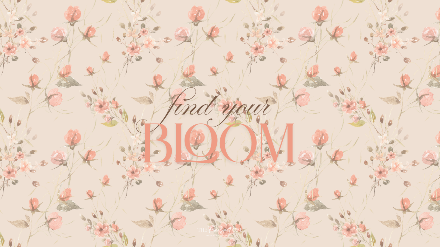 Neutral spring floral desktop wallpaper with watercolor-style blush pink flowers and the quote ‘Find Your Bloom’ — soft, feminine digital background for phones, desktops, and tablets.