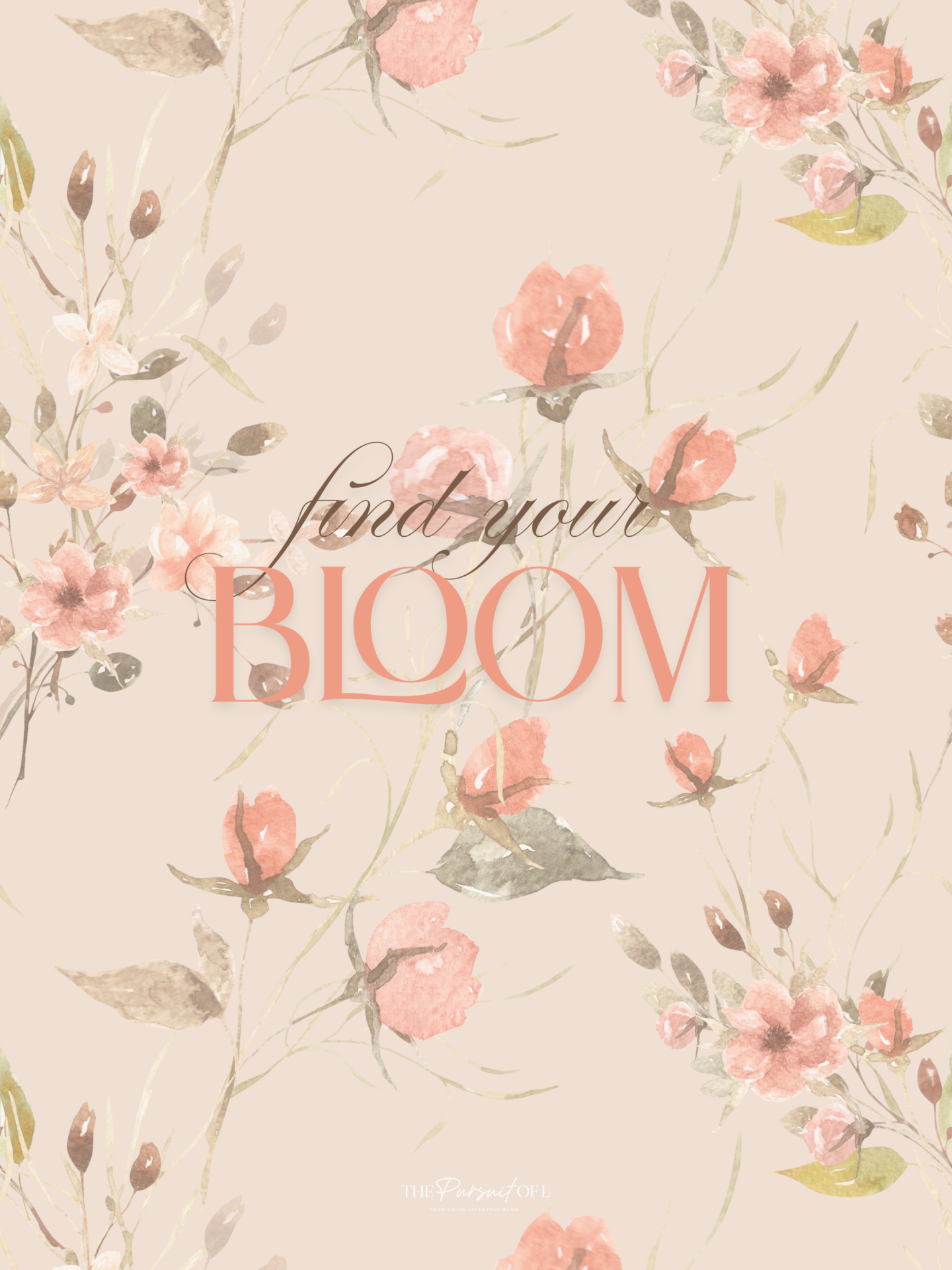 Neutral spring floral tablet wallpaper with watercolor-style blush pink flowers and the quote ‘Find Your Bloom’ — soft, feminine digital background for phones, desktops, and tablets.