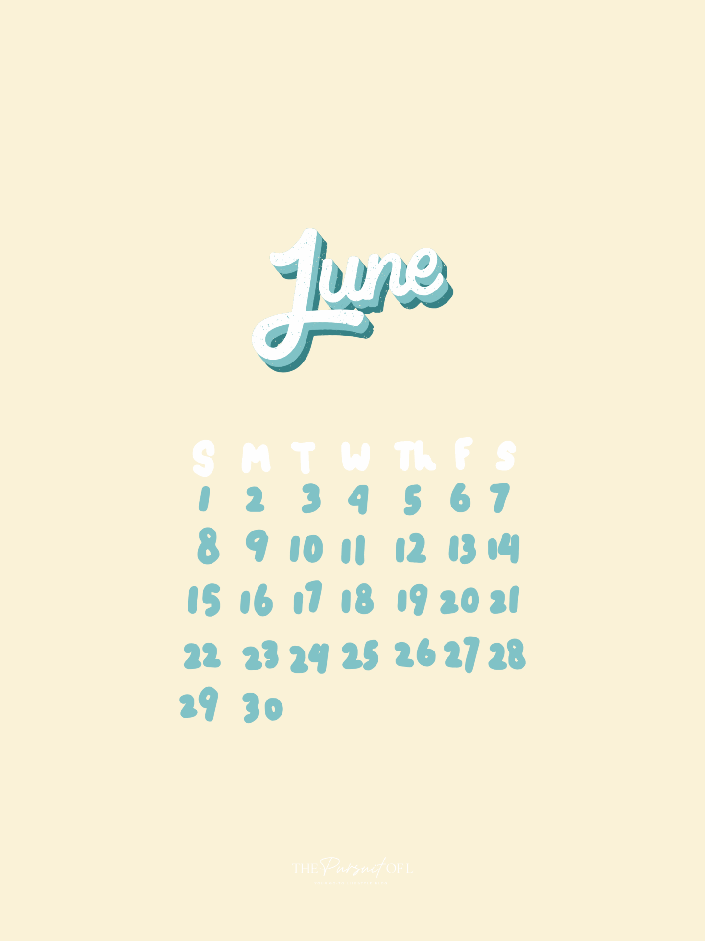 A pastel June calendar tablet wallpaper with playful hand-drawn numbers in soft teal and white on a creamy background. The word ‘June’ is written in a bold, retro script at the top.