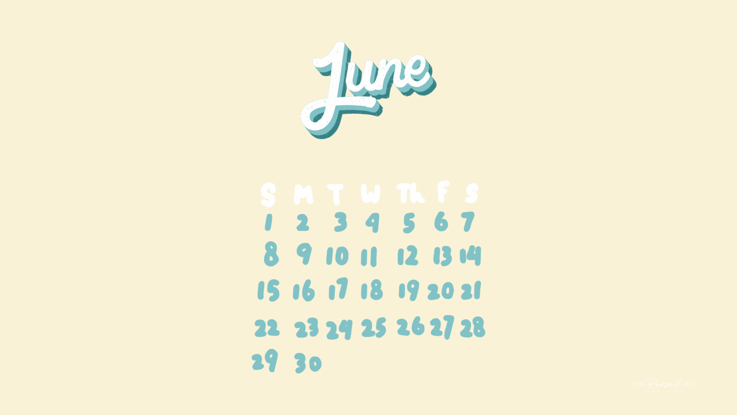 A pastel June calendar desktop wallpaper with playful hand-drawn numbers in soft teal and white on a creamy background. The word ‘June’ is written in a bold, retro script at the top.