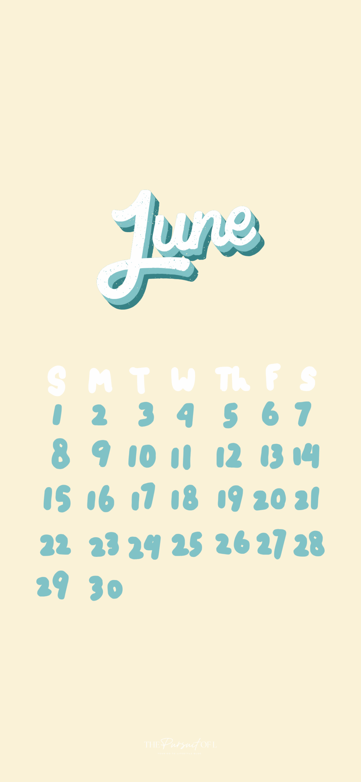 A pastel June calendar phone wallpaper with playful hand-drawn numbers in soft teal and white on a creamy background. The word ‘June’ is written in a bold, retro script at the top.