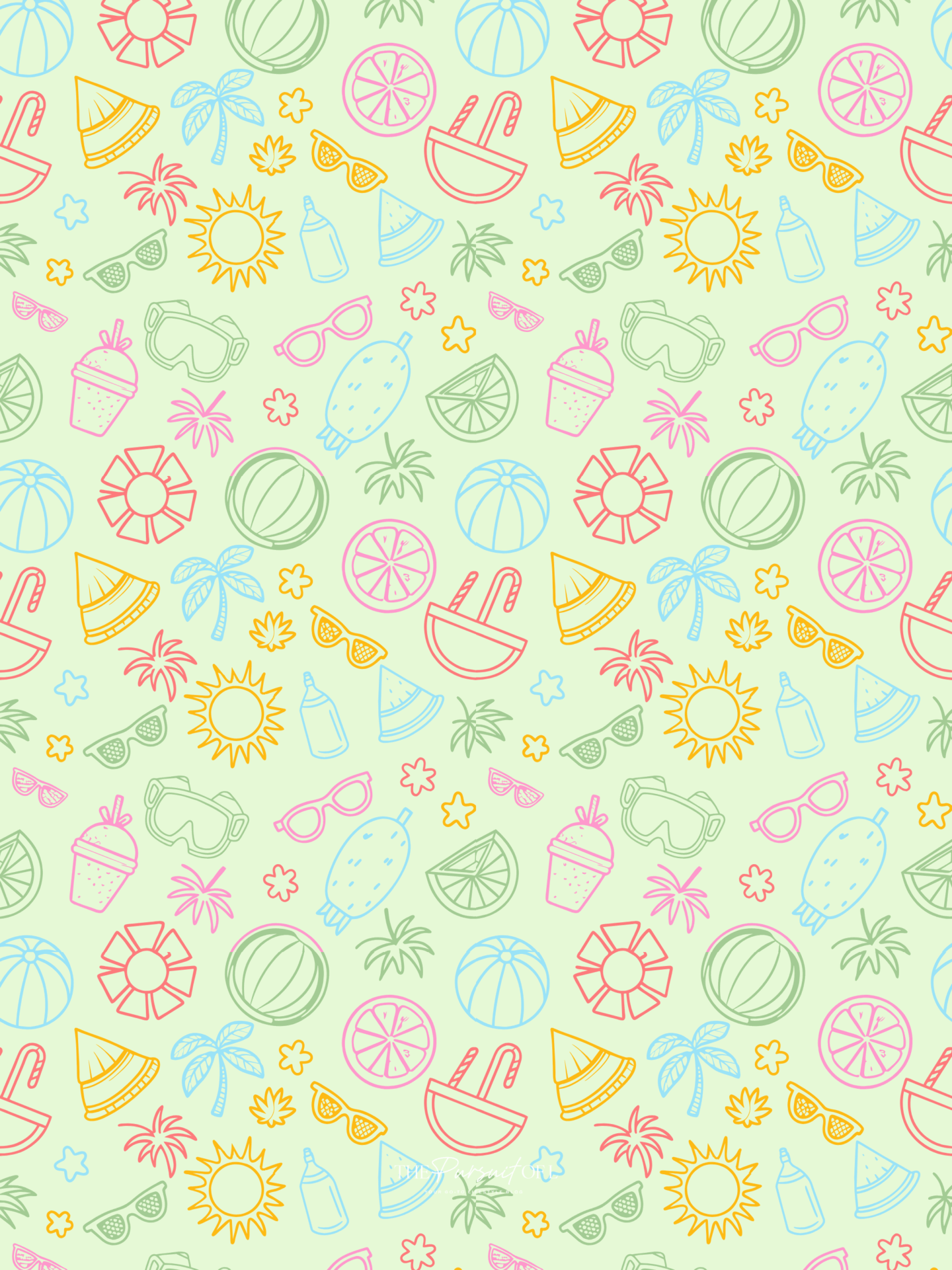 A lively summer-themed tablet wallpaper with hand-drawn doodles of beach balls, palm trees, sunglasses, popsicles, and suns in bright pink, yellow, green, and orange, set against a pale green background.