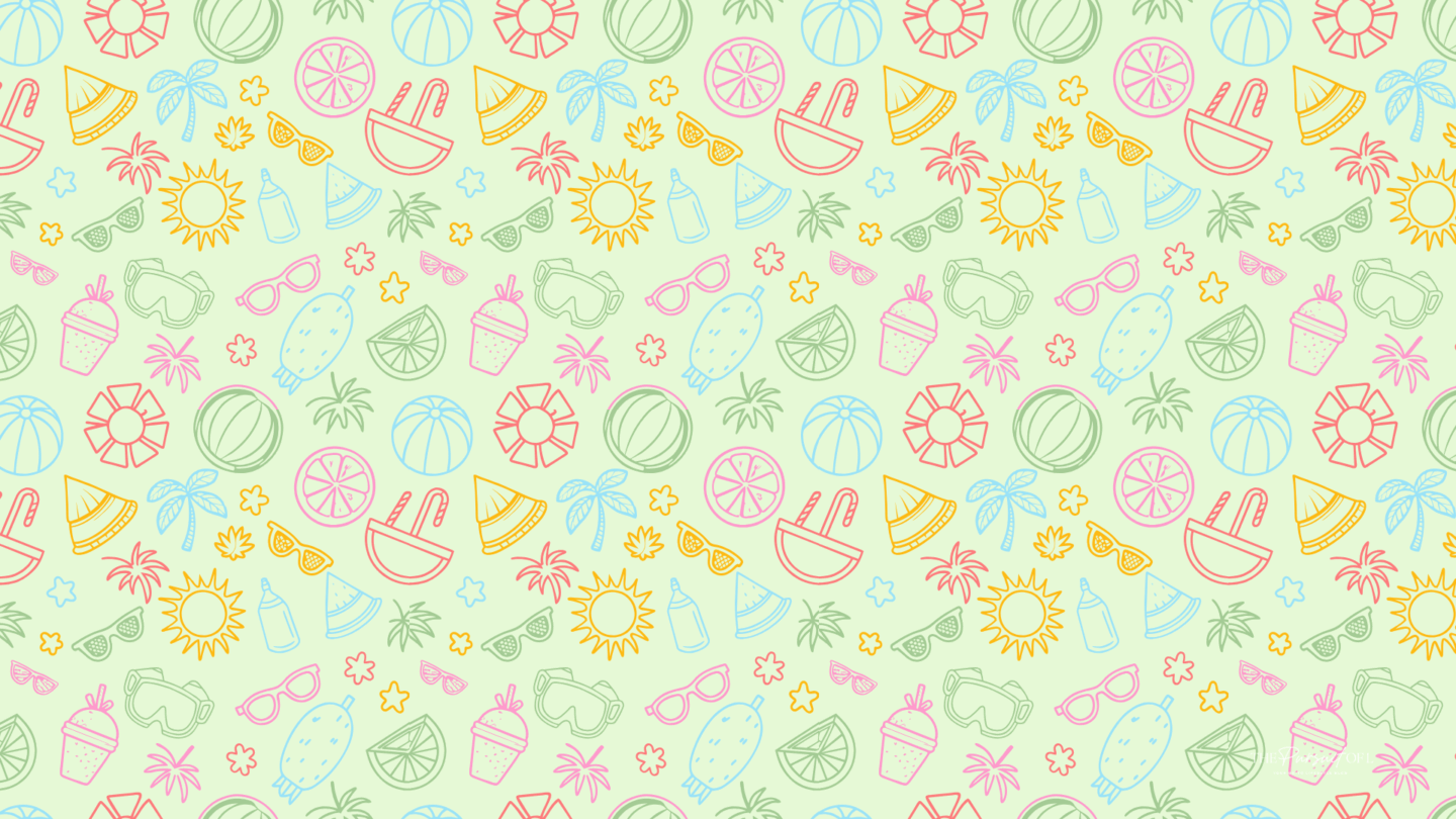 A lively summer-themed desktop wallpaper with hand-drawn doodles of beach balls, palm trees, sunglasses, popsicles, and suns in bright pink, yellow, green, and orange, set against a pale green background.