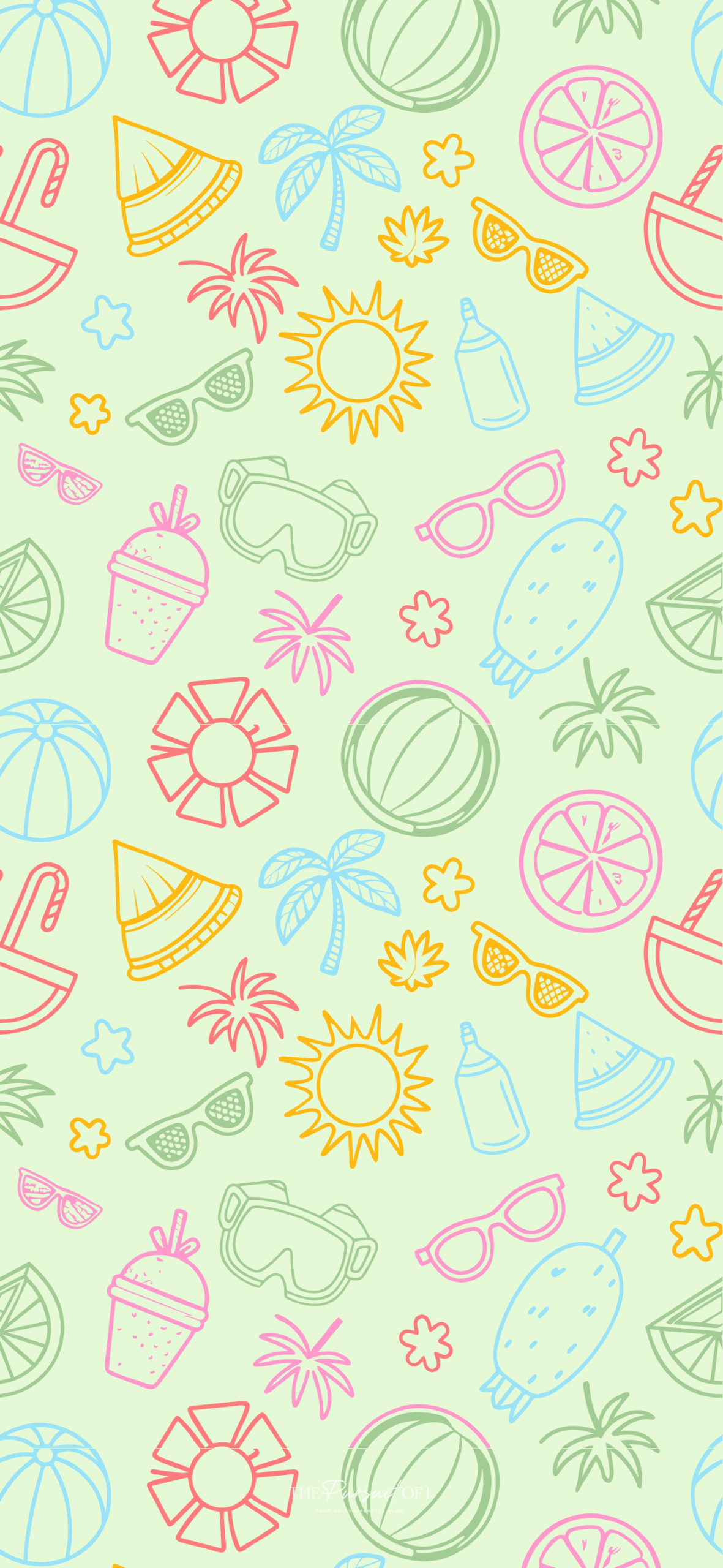 A lively summer-themed phone wallpaper with hand-drawn doodles of beach balls, palm trees, sunglasses, popsicles, and suns in bright pink, yellow, green, and orange, set against a pale green background.