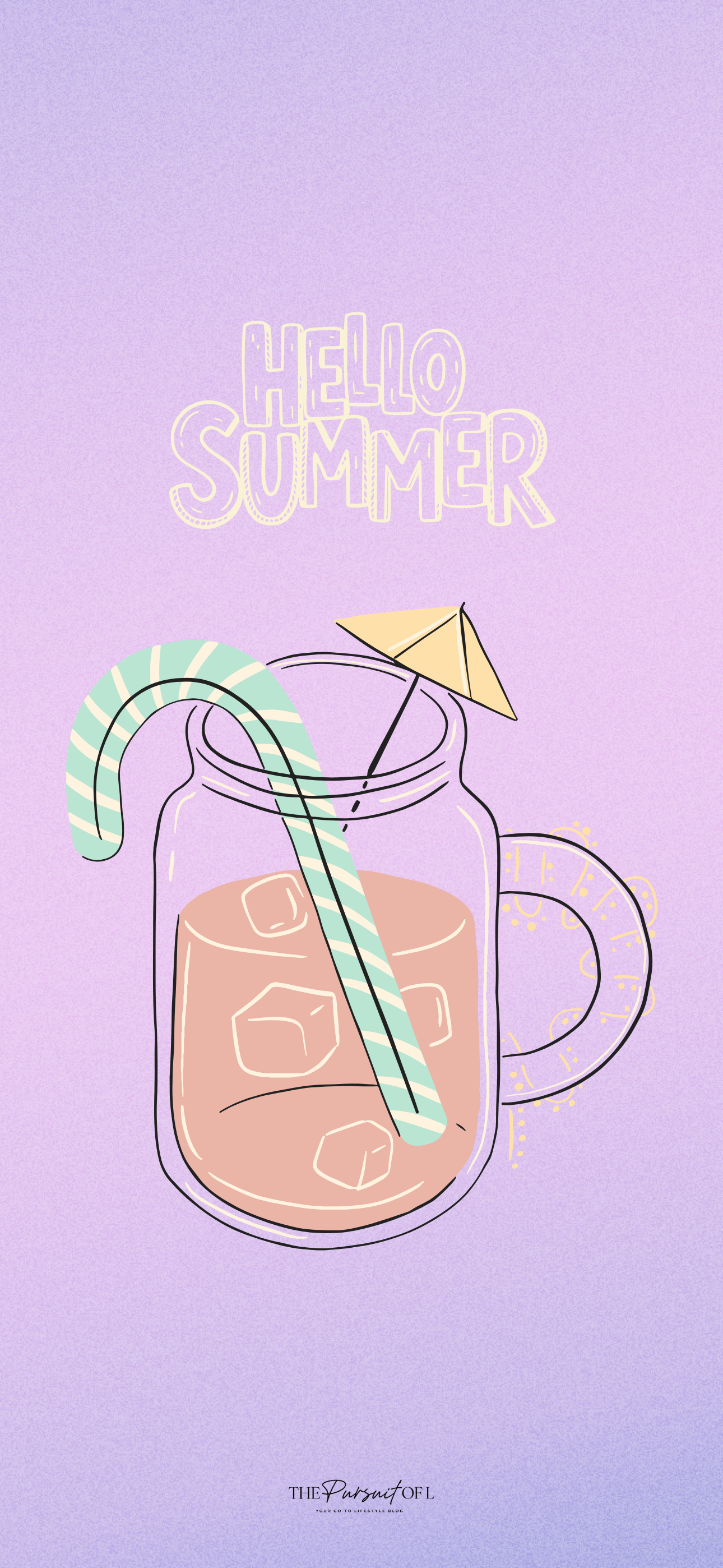 A playful phone wallpaper with a mason jar of iced coffee or tea, topped with a paper umbrella and a mint green striped straw. The words ‘Hello Summer’ glow above the drink on a soft lavender background.
