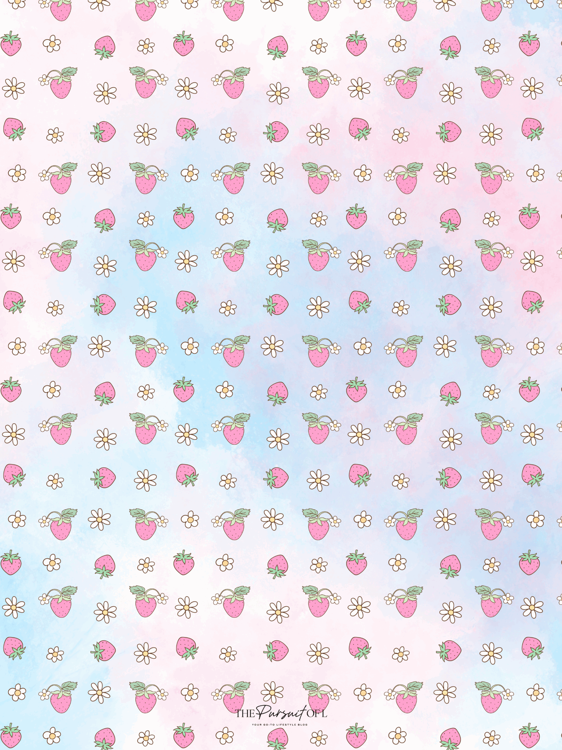 A tablet wallpaper with a charming pattern of pink strawberries and white daisies scattered across a soft gradient background of pink and blue watercolor, creating a light, dreamy vibe.