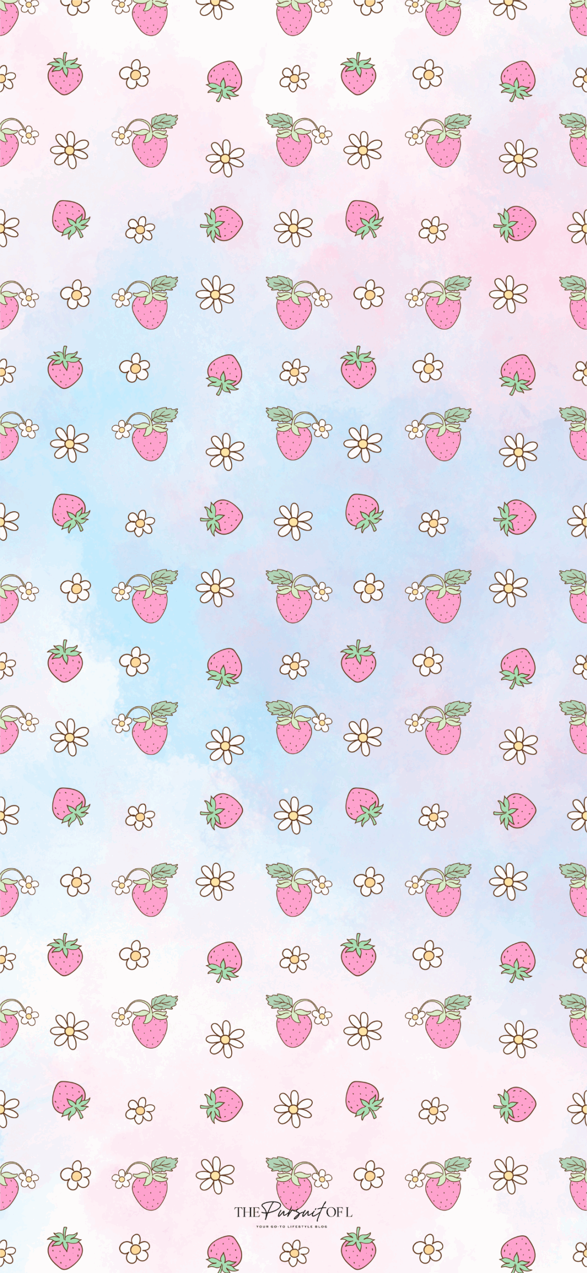 A phone wallpaper with a charming pattern of pink strawberries and white daisies scattered across a soft gradient background of pink and blue watercolor, creating a light, dreamy vibe.