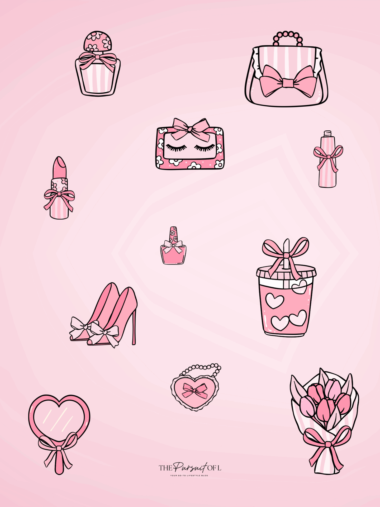 A cute, girly tablet wallpaper with illustrations of perfume bottles, pink high heels, lipstick, nail polish, and heart-shaped accessories with bows, all in a sweet pink and white color palette on a soft blush background.